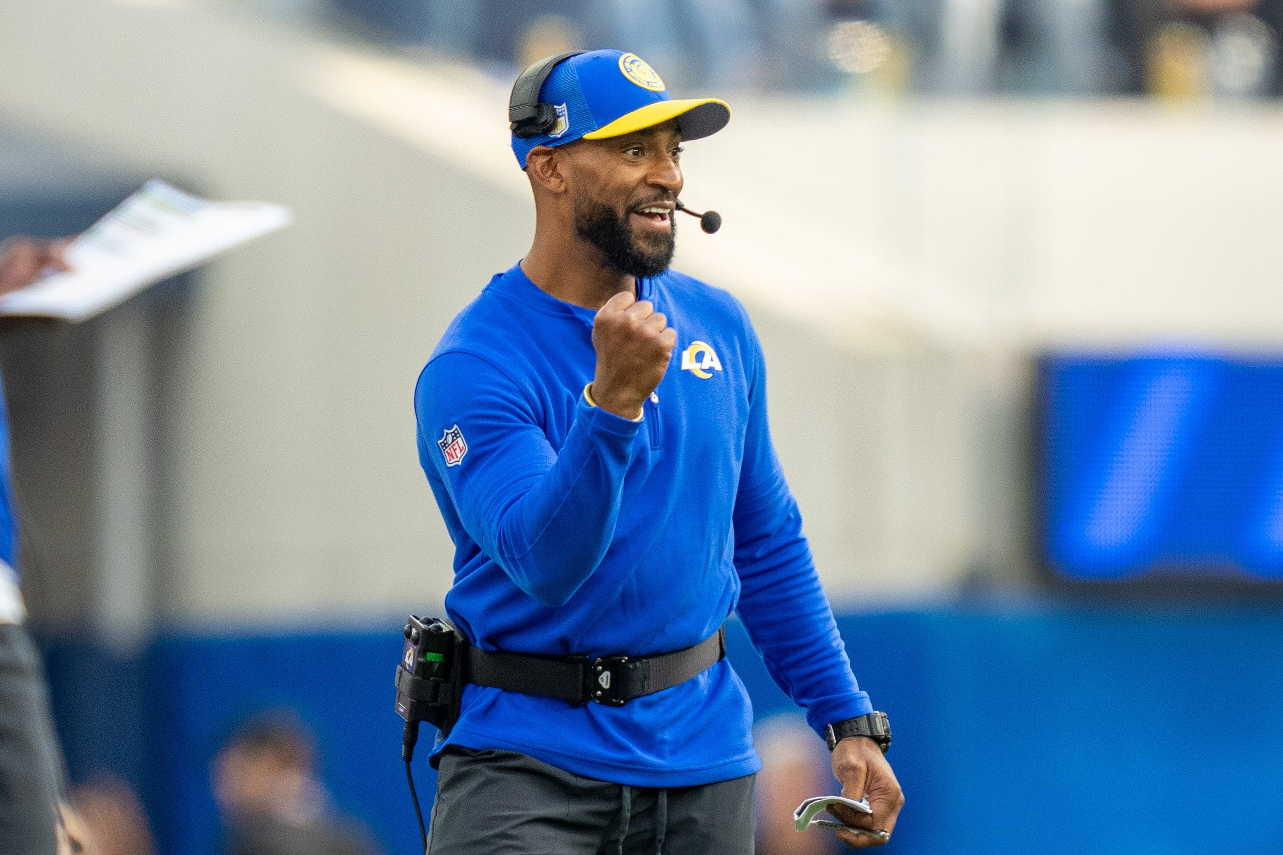 October 15, 2023; Inglewood, California, USA; Los Angeles Rams defensive backs/pass game coordinator Aubrey Pleasant during the third quarter against the Arizona Cardinals at SoFi Stadium.