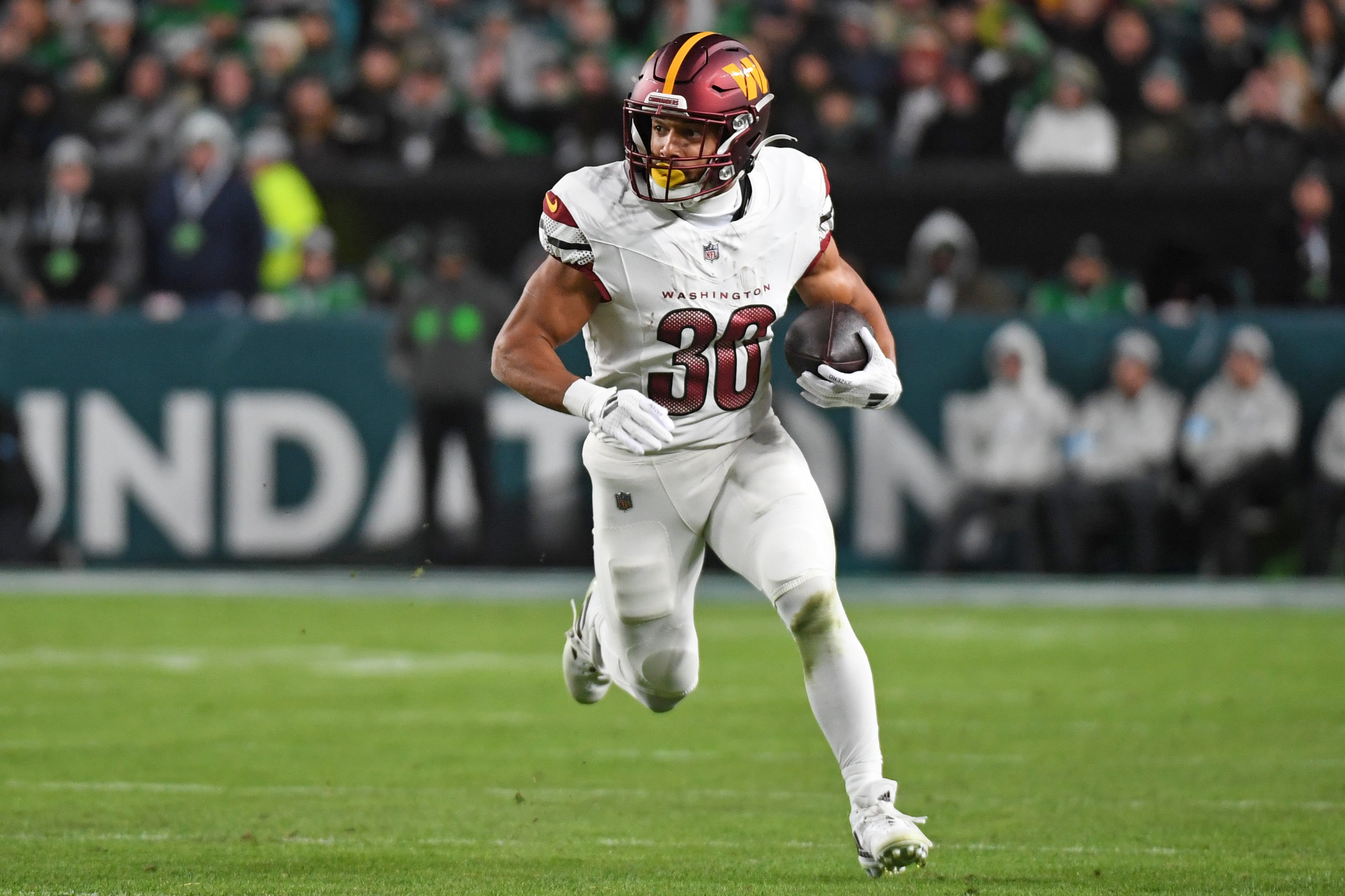 Nov 14, 2024; Philadelphia, Pennsylvania, USA; Washington Commanders running back Austin Ekeler (30) against the Philadelphia Eagles at Lincoln Financial Field.