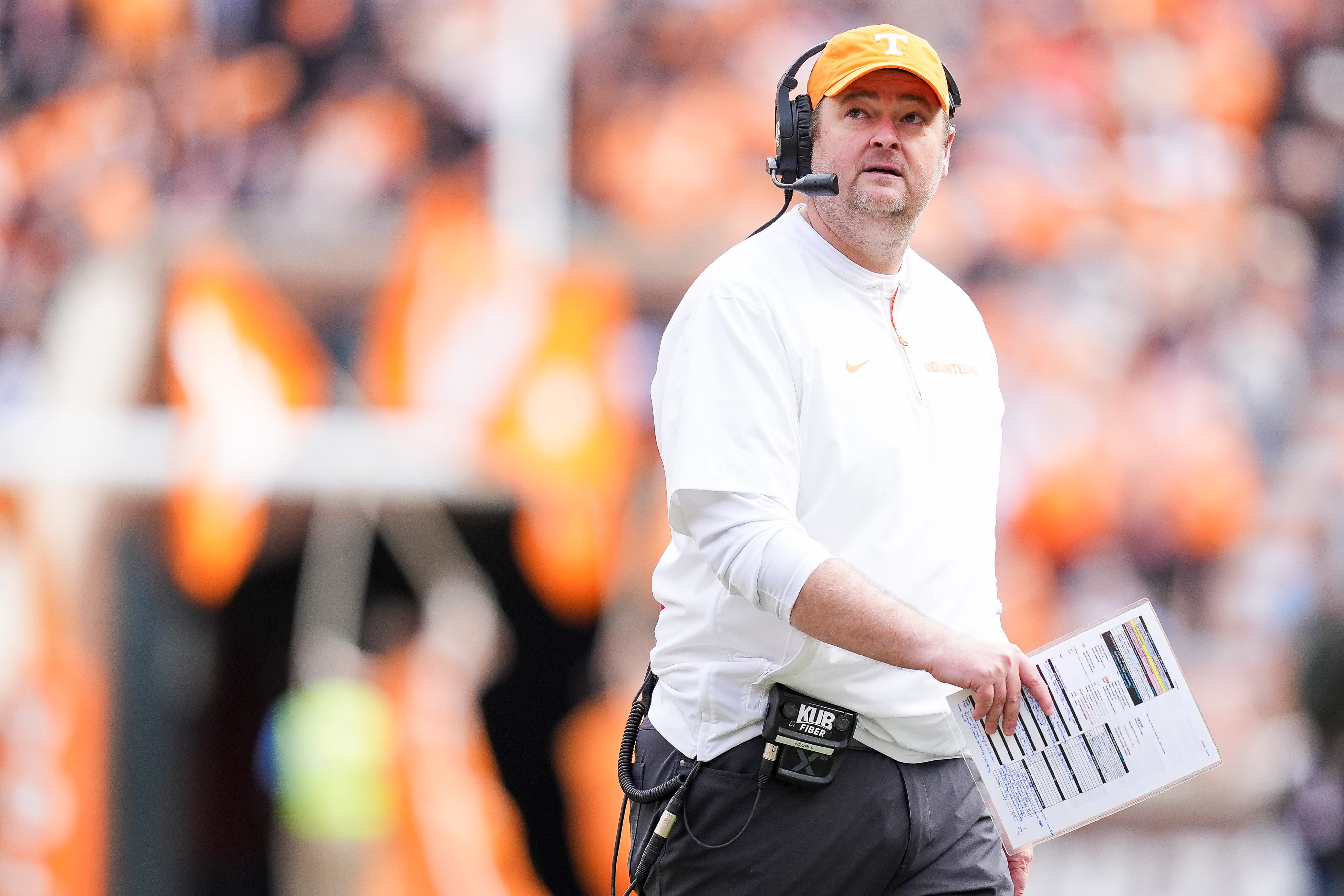 Tennessee head coach Josh Heupel during a college football game between Tennessee and UTEP at Neyland Stadium in Knoxville, Tenn., Saturday, Nov. 23, 2024.
