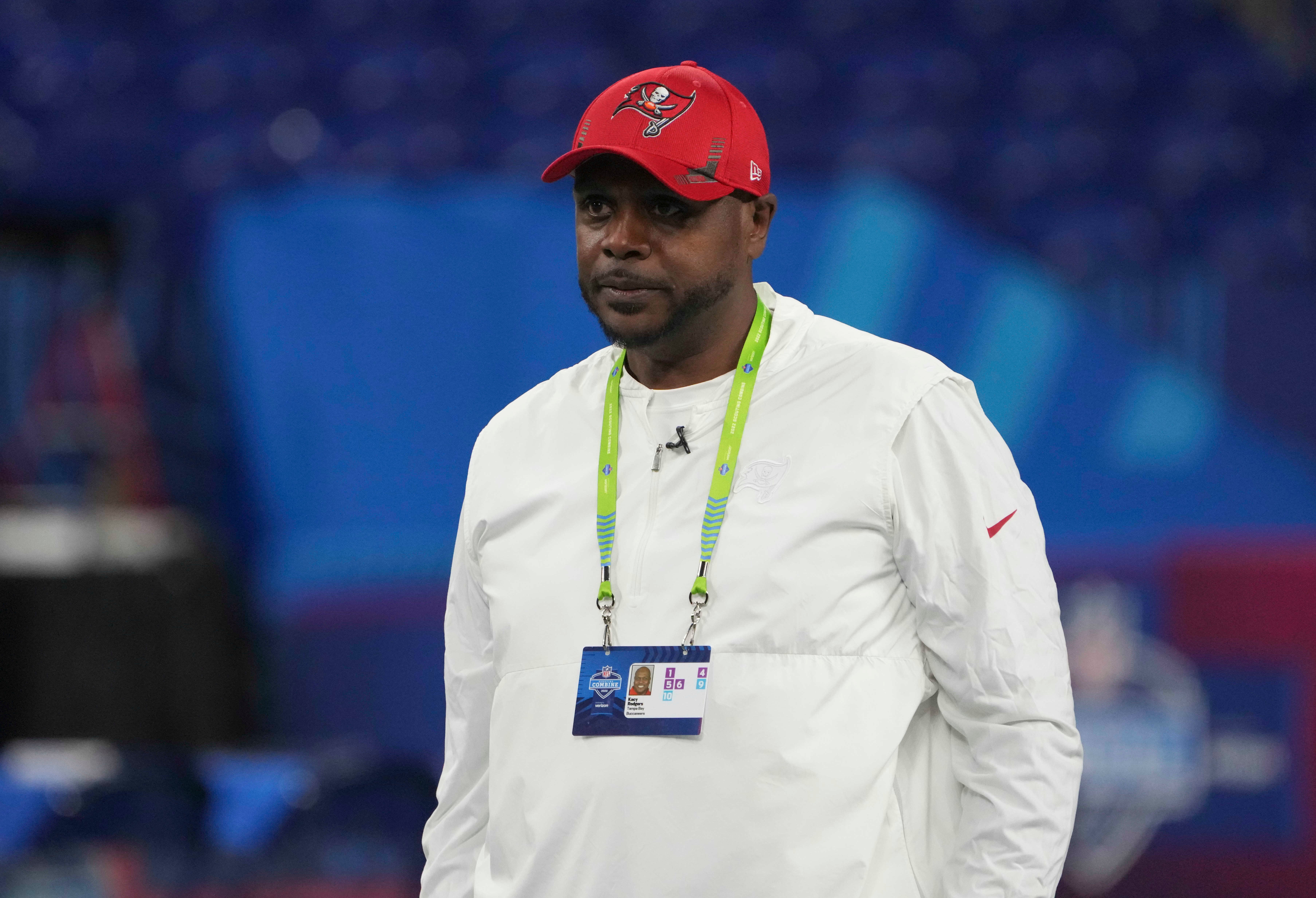 Tampa Bay Buccaneers coach Kacy Rodgers looks on during drills at the 2022 NFL Scouting Combine at Lucas Oil Stadium.