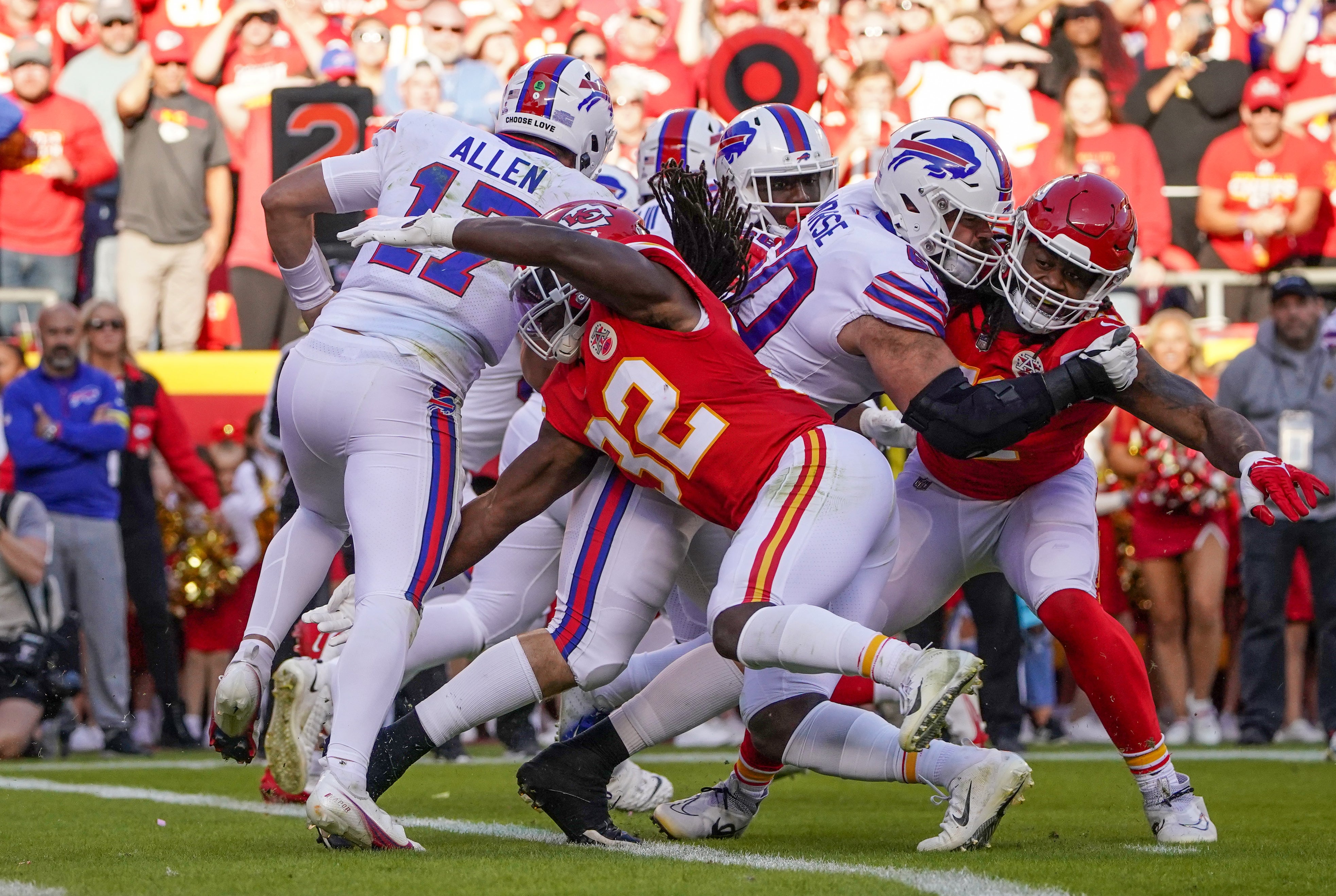 Bills quarterback Josh Allen (17) is sacked by Chiefs linebacker Nick Bolton
