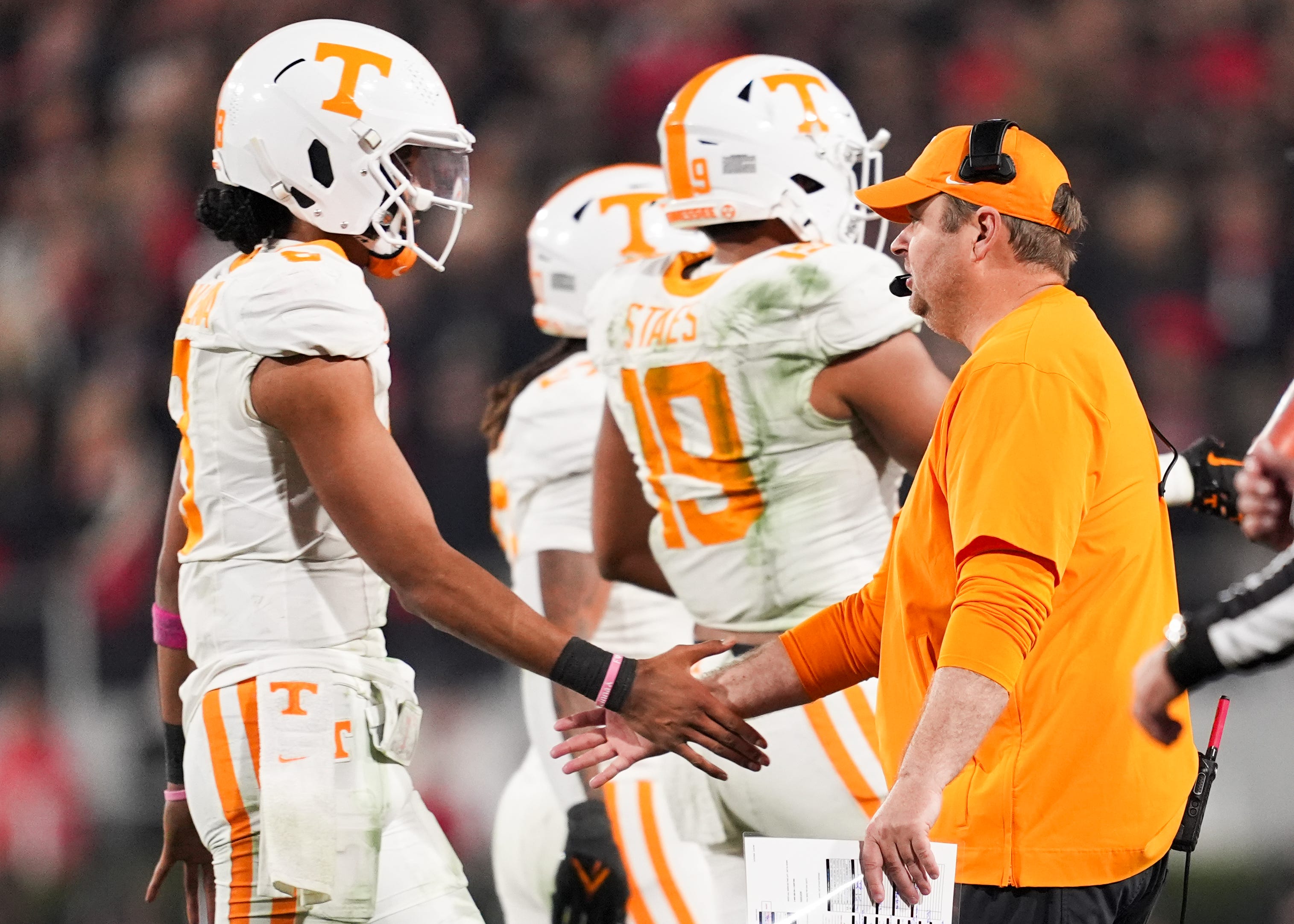 Tennessee head coach Josh Heupel and Tennessee quarterback Nico Iamaleava (8) during a college football game between Tennessee and Georgia at Sanford Stadium in Athens, Ga., on Saturday, November 16, 2024.