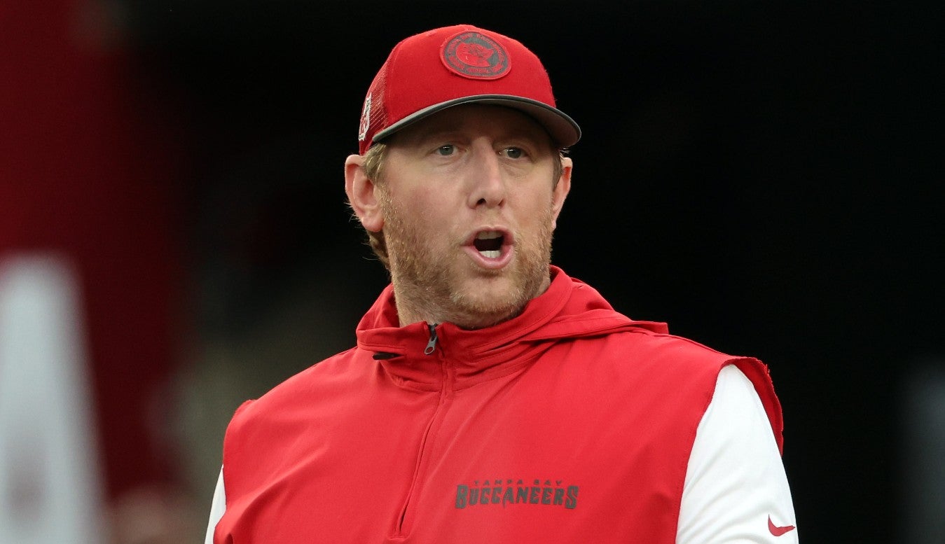 Aug 23, 2024; Tampa, Florida, USA; Tampa Bay Buccaneers offensive coordinator Liam Coen looks on before the game against the Miami Dolphins at Raymond James Stadium.