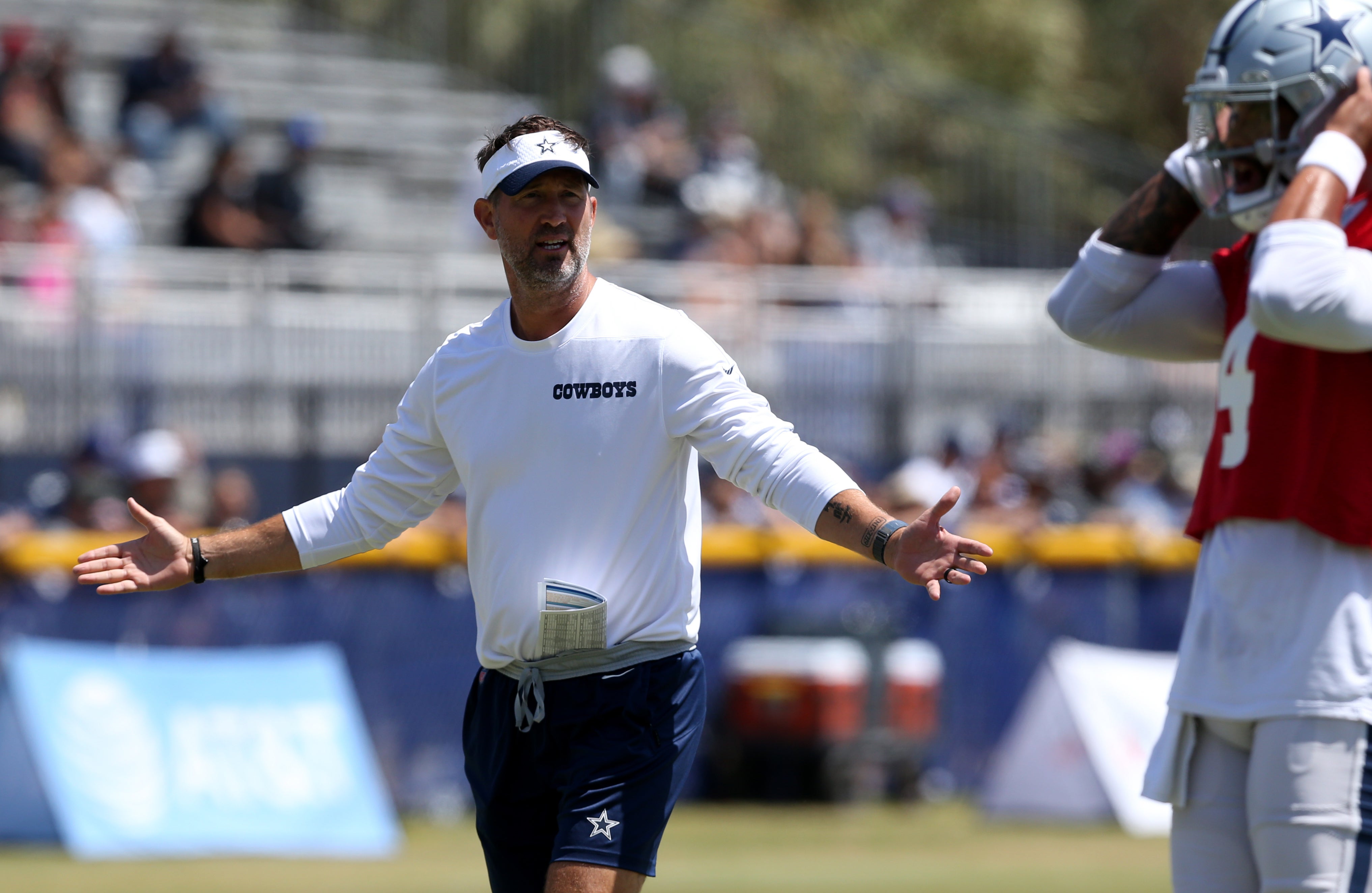 Dallas Cowboys offensive coordinator Brian Schottenheimer during training camp at the River Ridge Playing Fields in Oxnard, California.