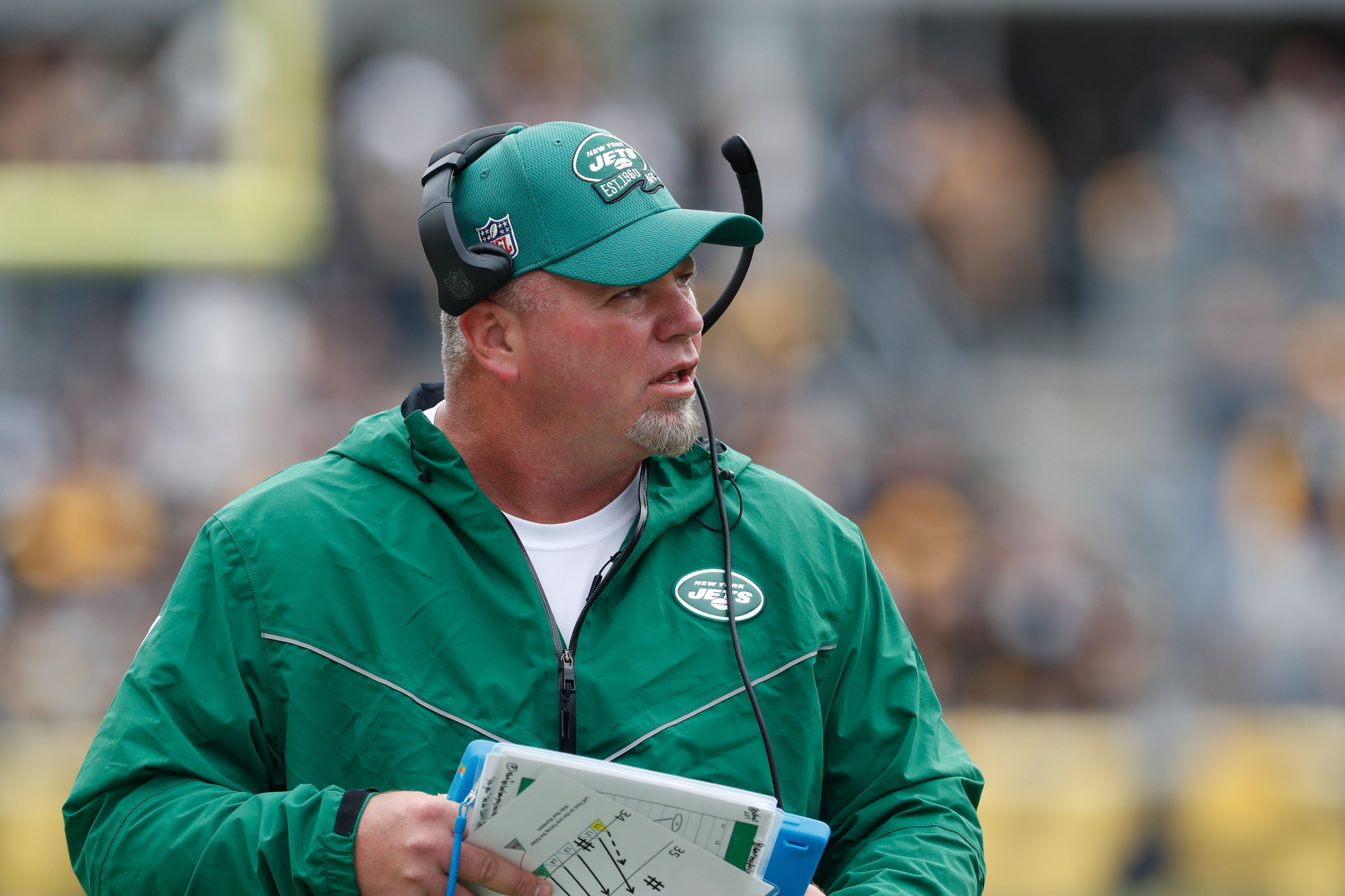 New York Jets special teams coordinator Brant Boyer on the sidelines against the Pittsburgh Steelers during the second quarter at Acrisure Stadium.