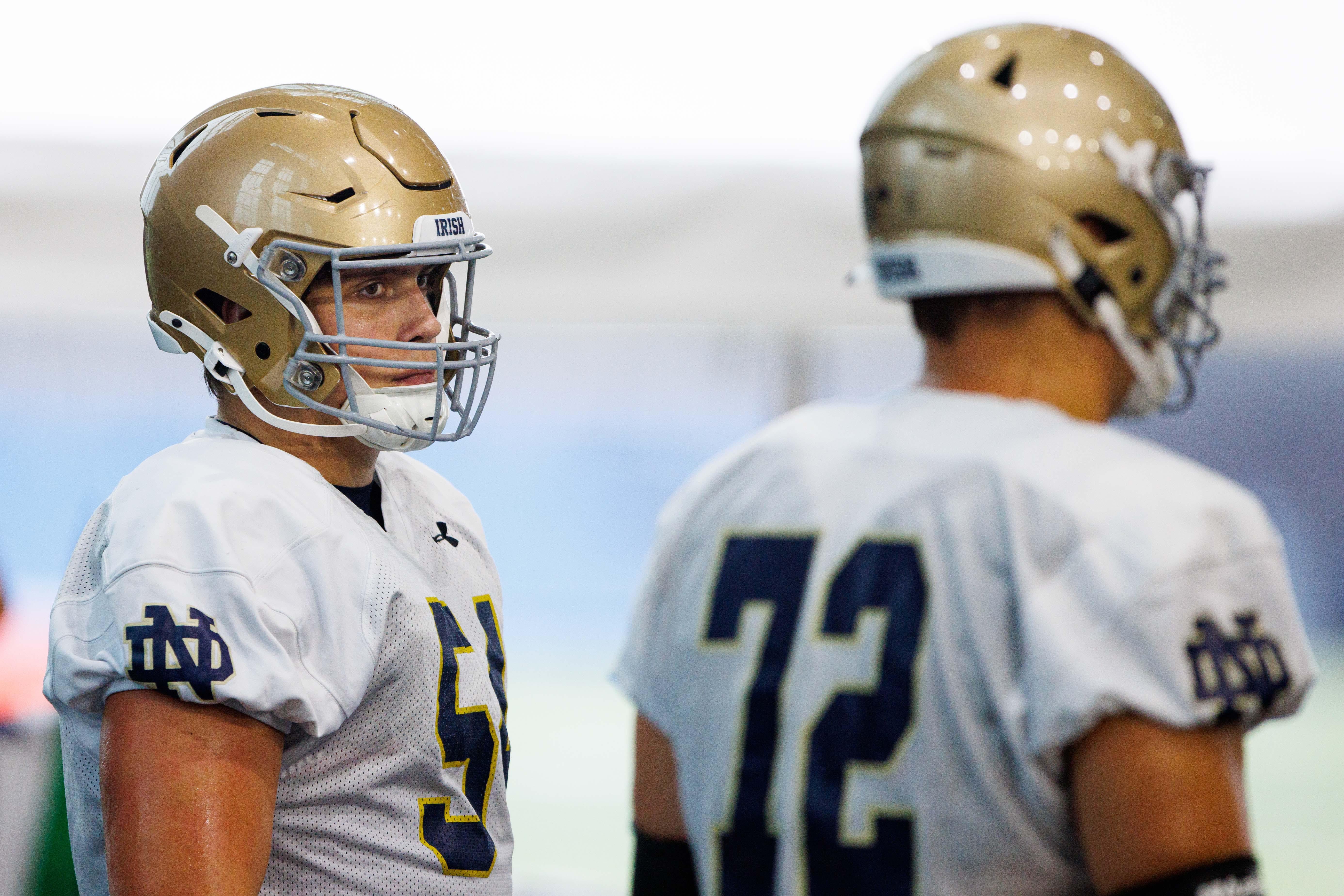 Notre Dame offensive linemen Anthonie Knapp (54) and Sam Pendleton (72) during a Notre Dame football practice at Irish Athletic Center on Thursday, Aug. 15, 2024, in South Bend.