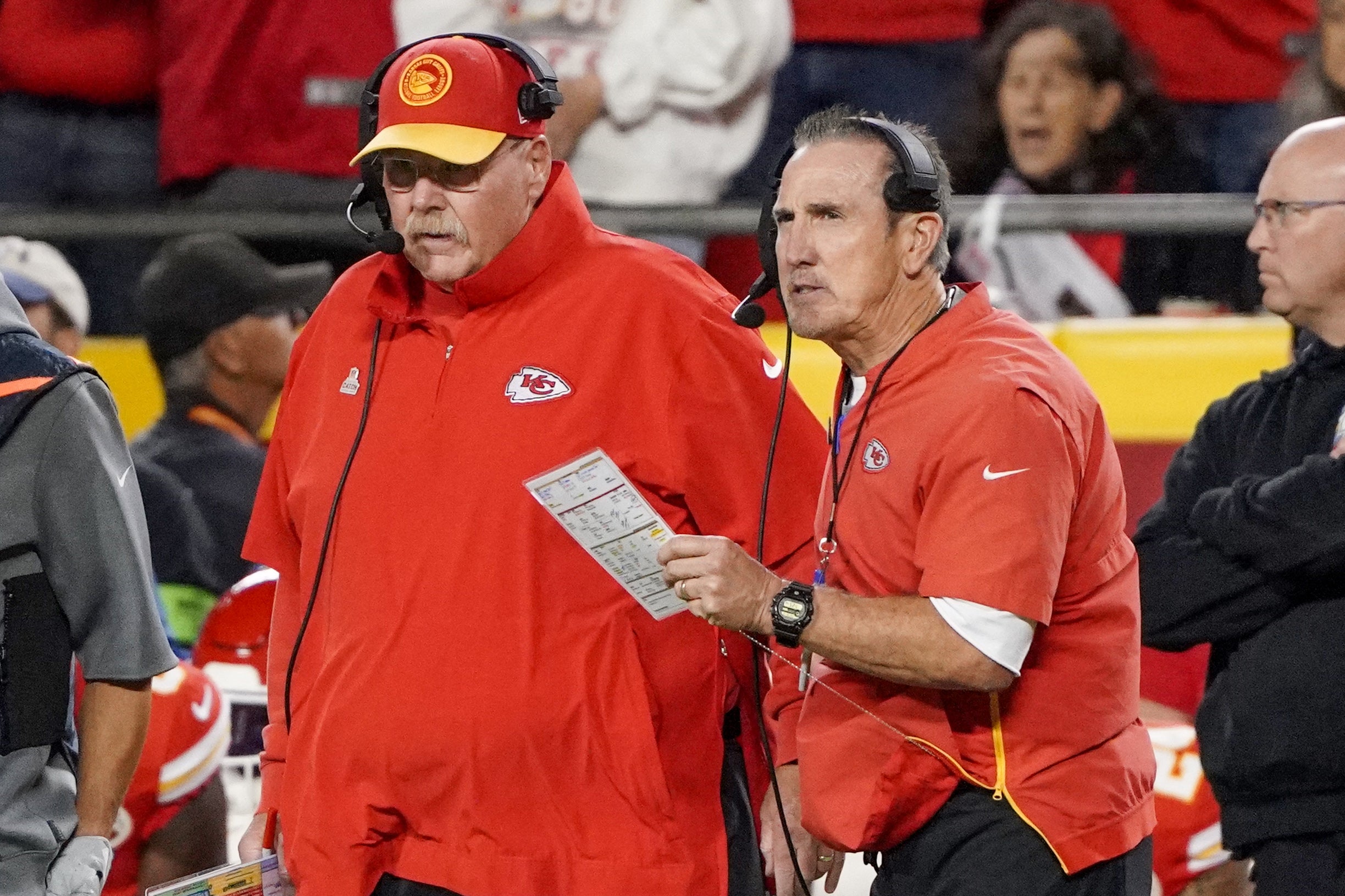 Oct 12, 2023; Kansas City, Missouri, USA; Kansas City Chiefs head coach Andy Reid and defensive coordinator Steve Spagnuolo talk on the sidelines against the Denver Broncos during the game at GEHA Field at Arrowhead Stadium.