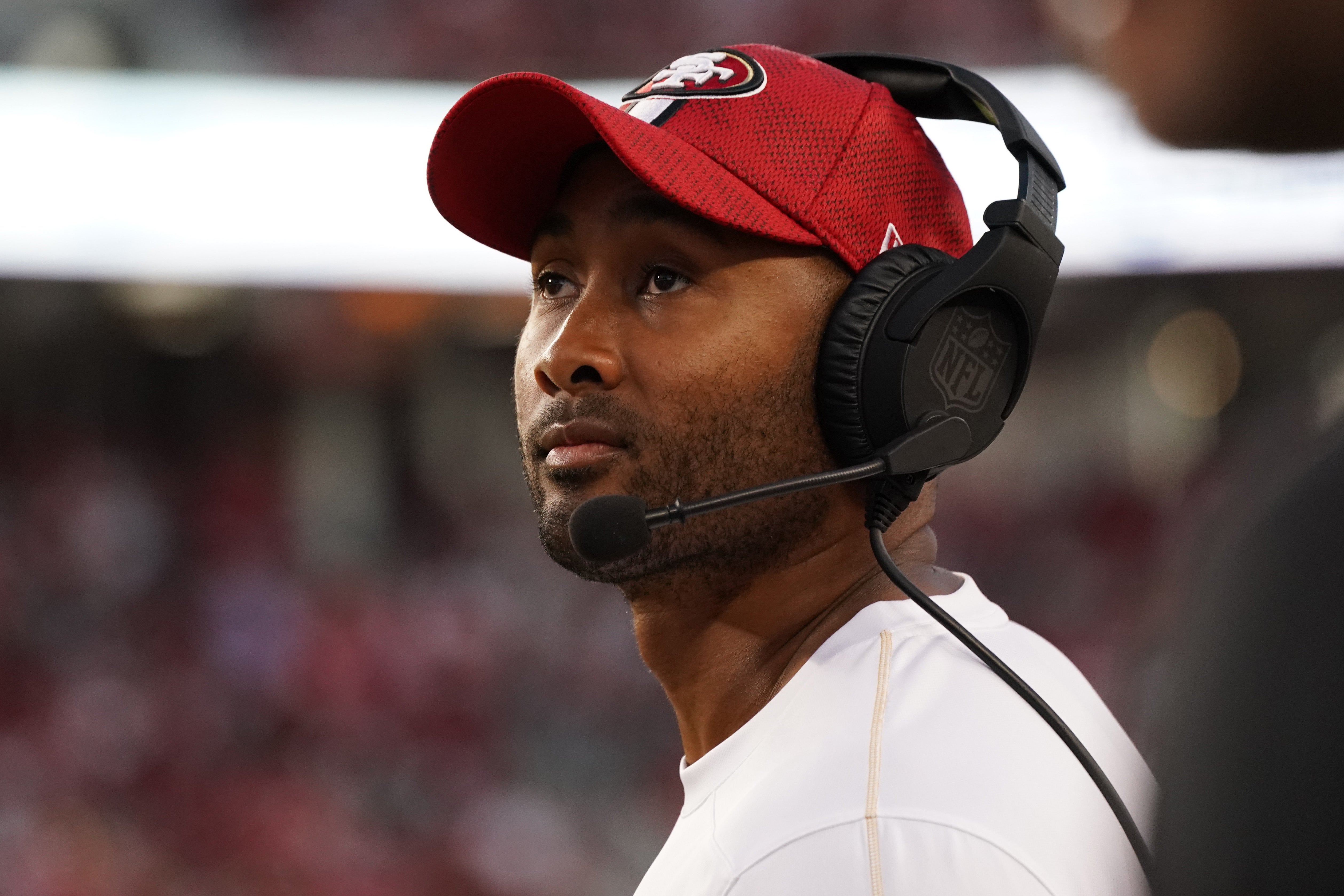 San Francisco 49ers defensive quality control coach K.J. Wright watches the action against the New York Jets in the third quarter at Levi's Stadium.
