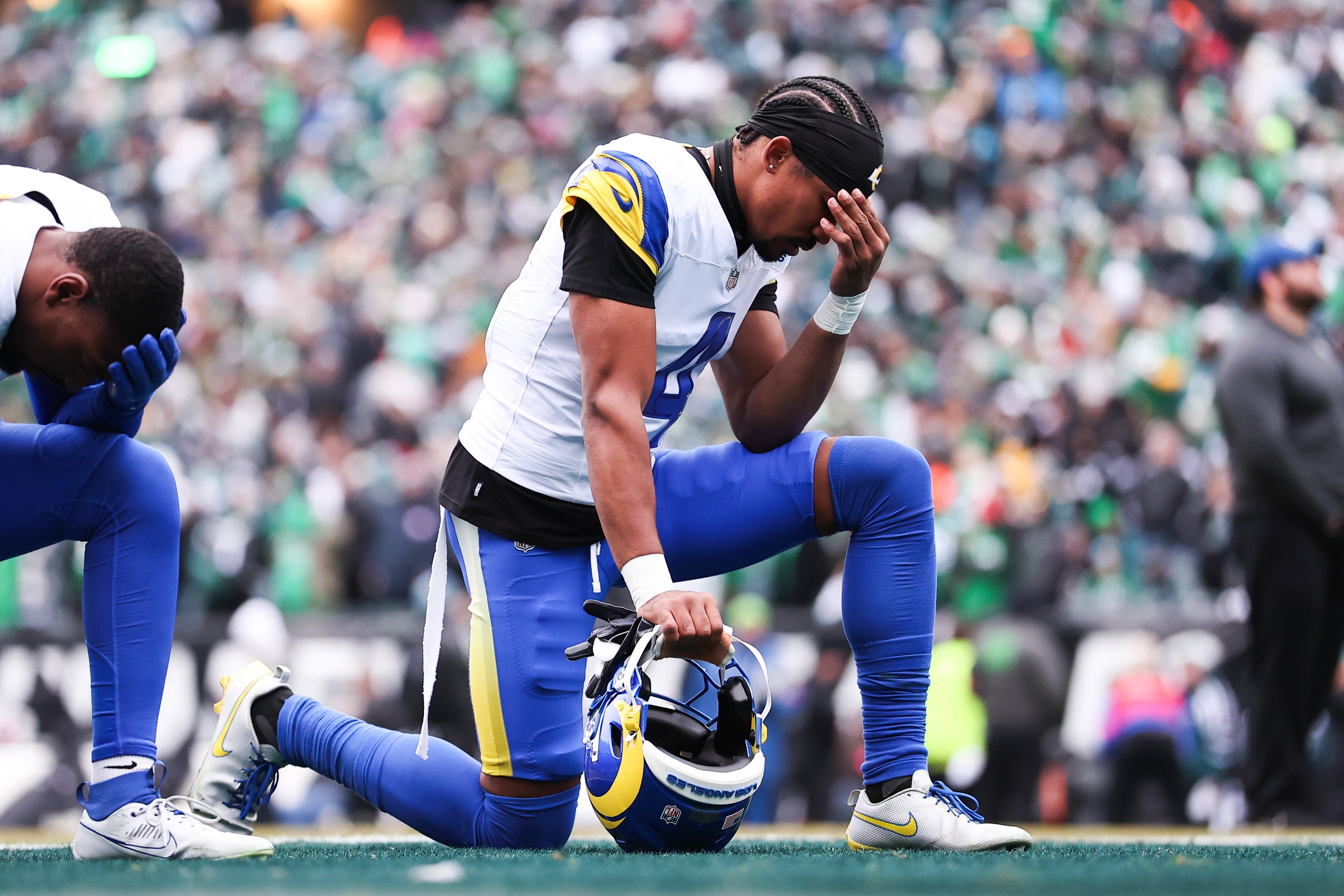 Los Angeles Rams cornerback Ahkello Witherspoon (4) before action against the Philadelphia Eagles in a 2025 NFC divisional round game at Lincoln Financial Field.