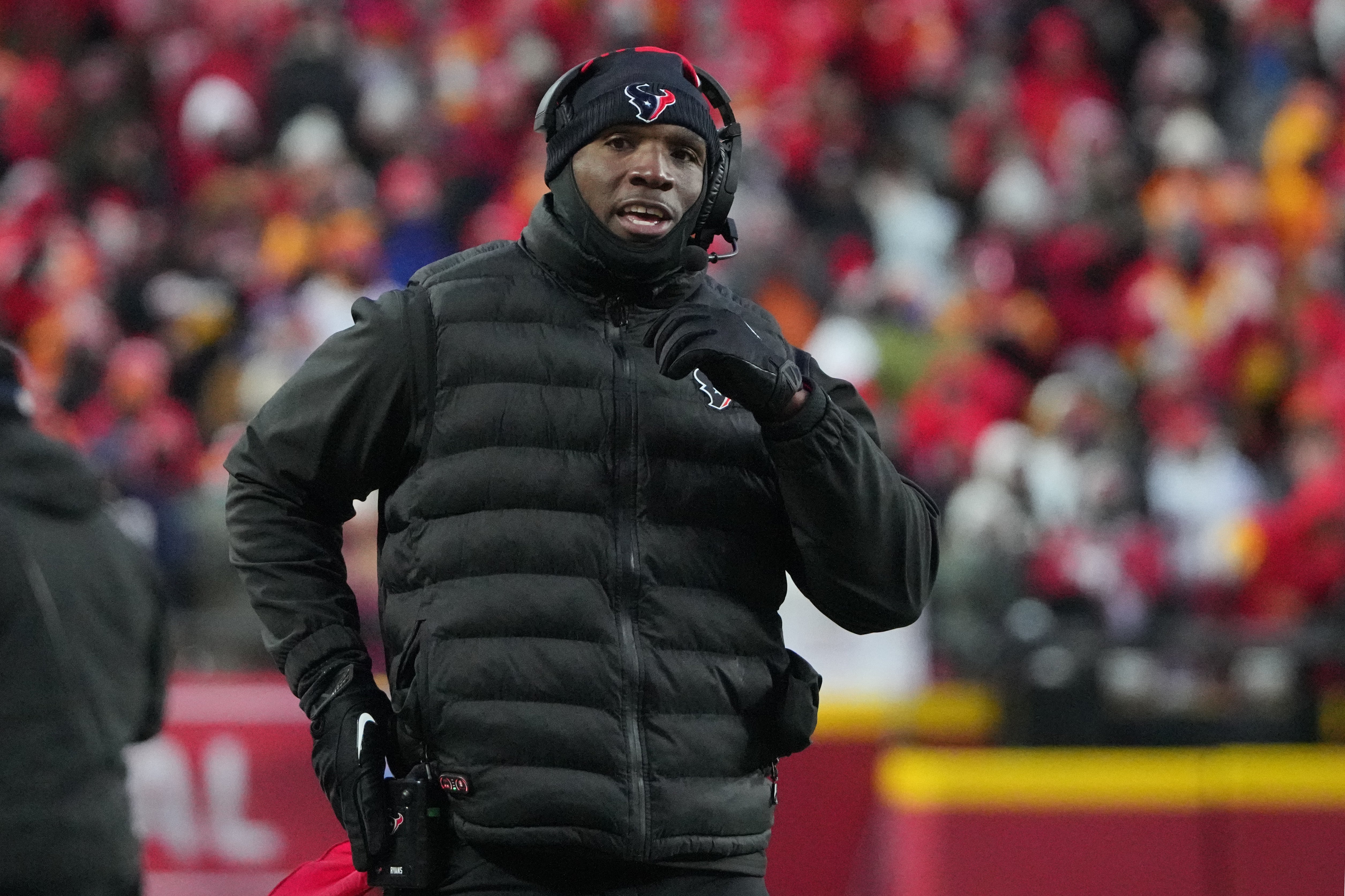 Jan 18, 2025; Kansas City, Missouri, USA; Houston Texans head coach DeMeco Ryans reacts during the third quarter of a 2025 AFC divisional round game against the Kansas City Chiefs at GEHA Field at Arrowhead Stadium.