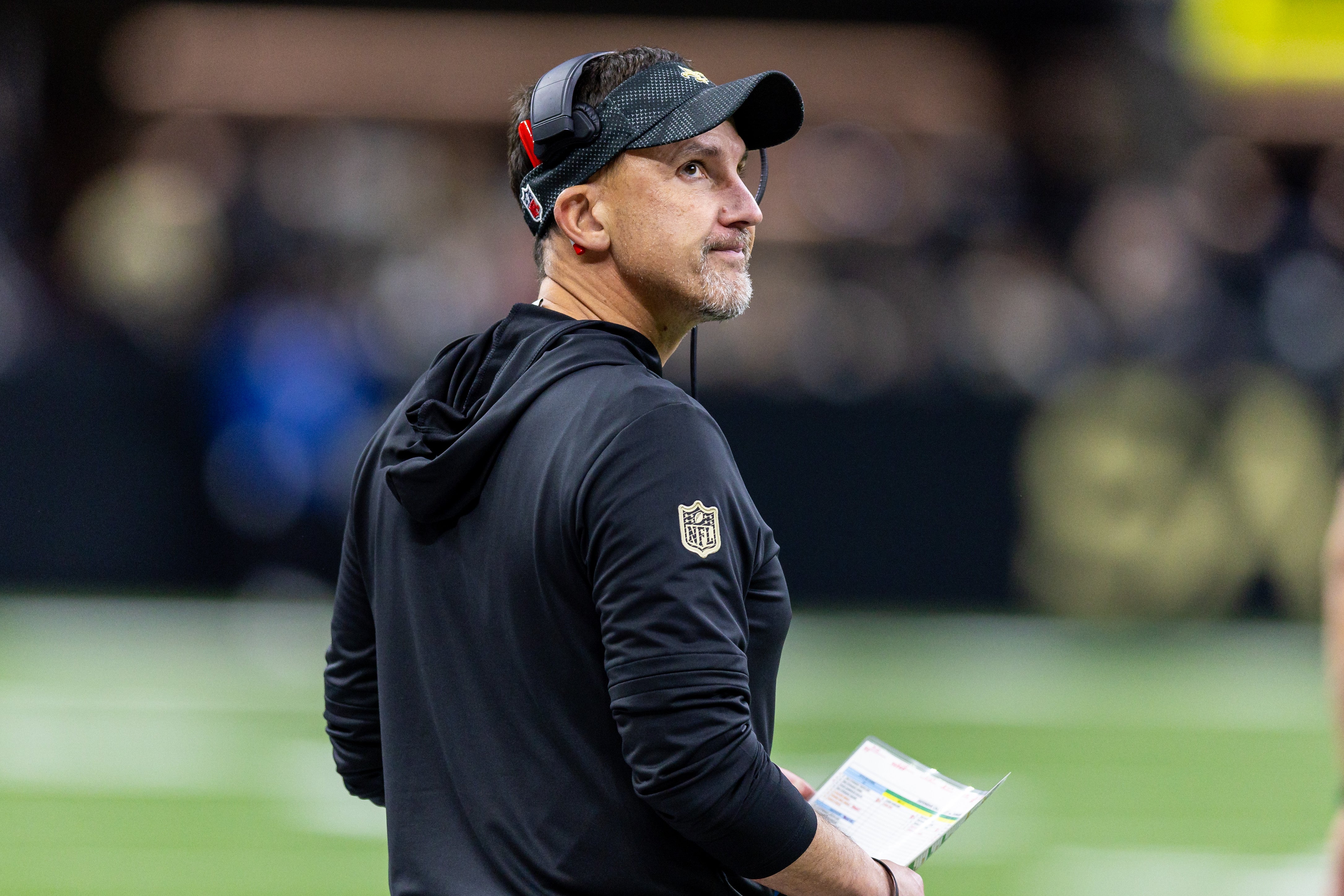 Oct 17, 2024; New Orleans, Louisiana, USA; New Orleans Saints head coach Dennis Allen reacts to a play call against the Denver Broncos during the first half at Caesars Superdome.