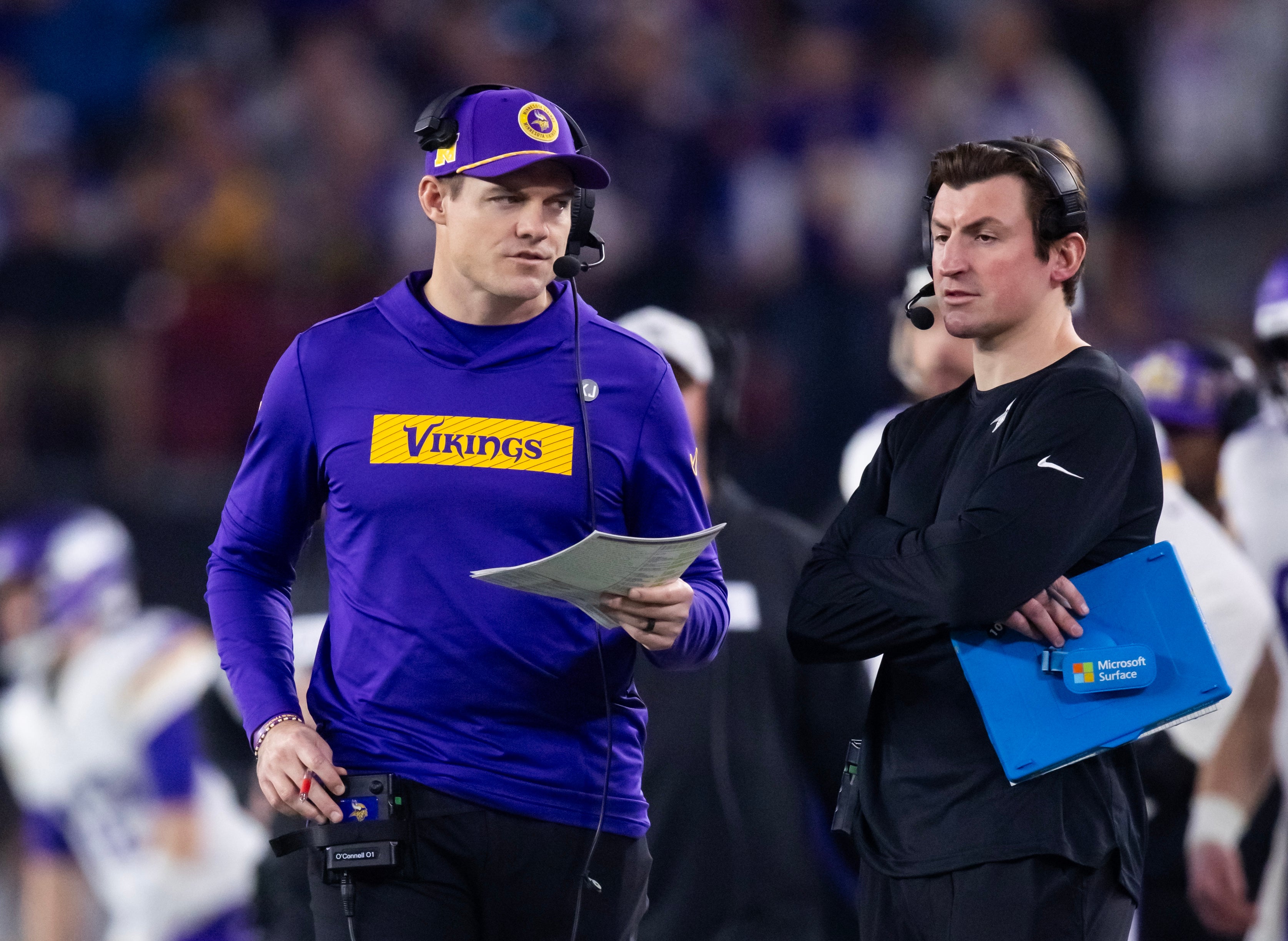 Jan 13, 2025; Glendale, AZ, USA; Minnesota Vikings head coach Kevin O'Connell (left) and assistant quarterbacks coach Grant Udinski against the Los Angeles Rams during an NFC wild card game at State Farm Stadium.