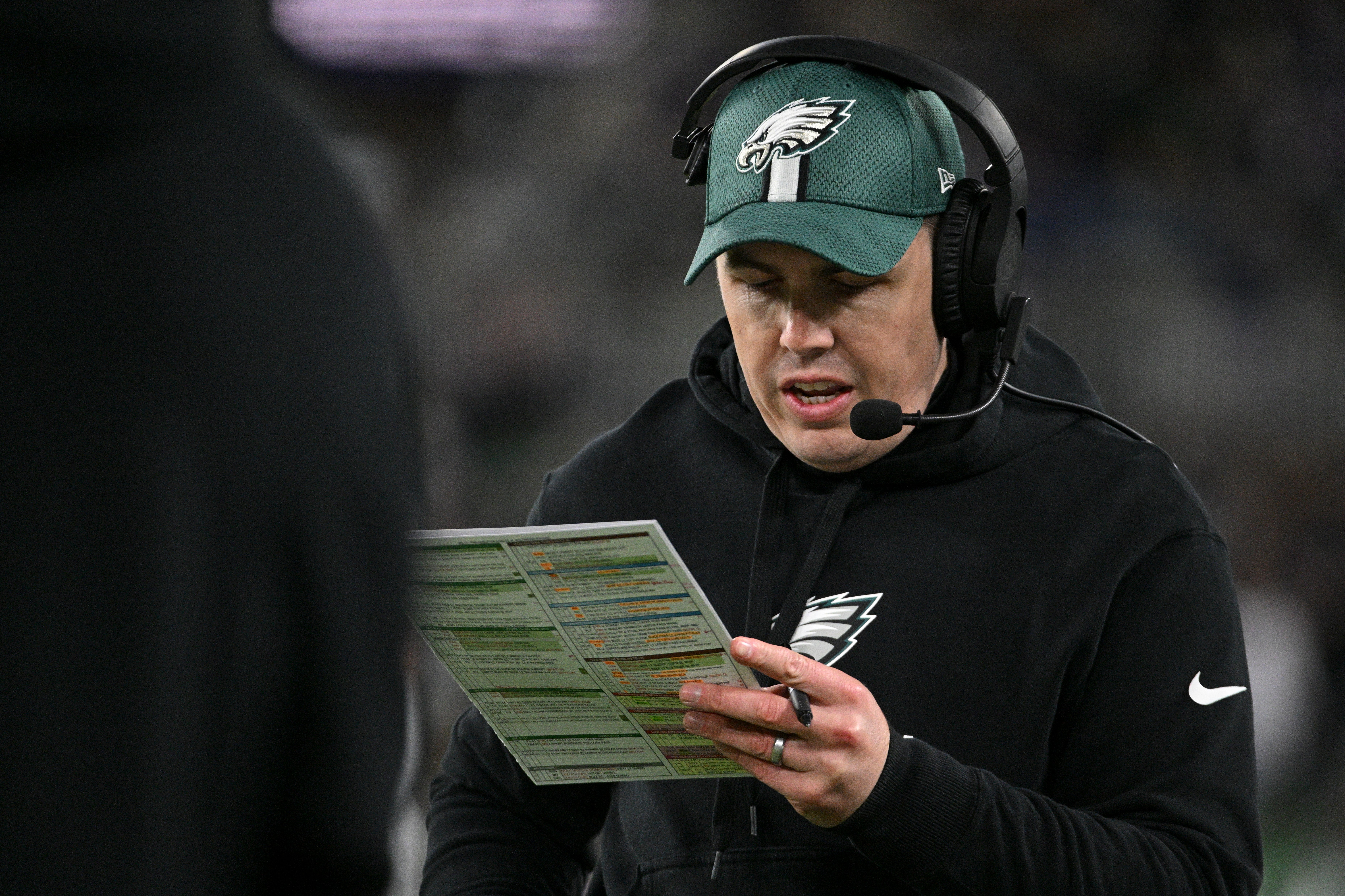 Philadelphia Eagles offensive coordinator Kellen Moore on the sidelines during the first half against the Baltimore Ravens at M&T Bank Stadium.