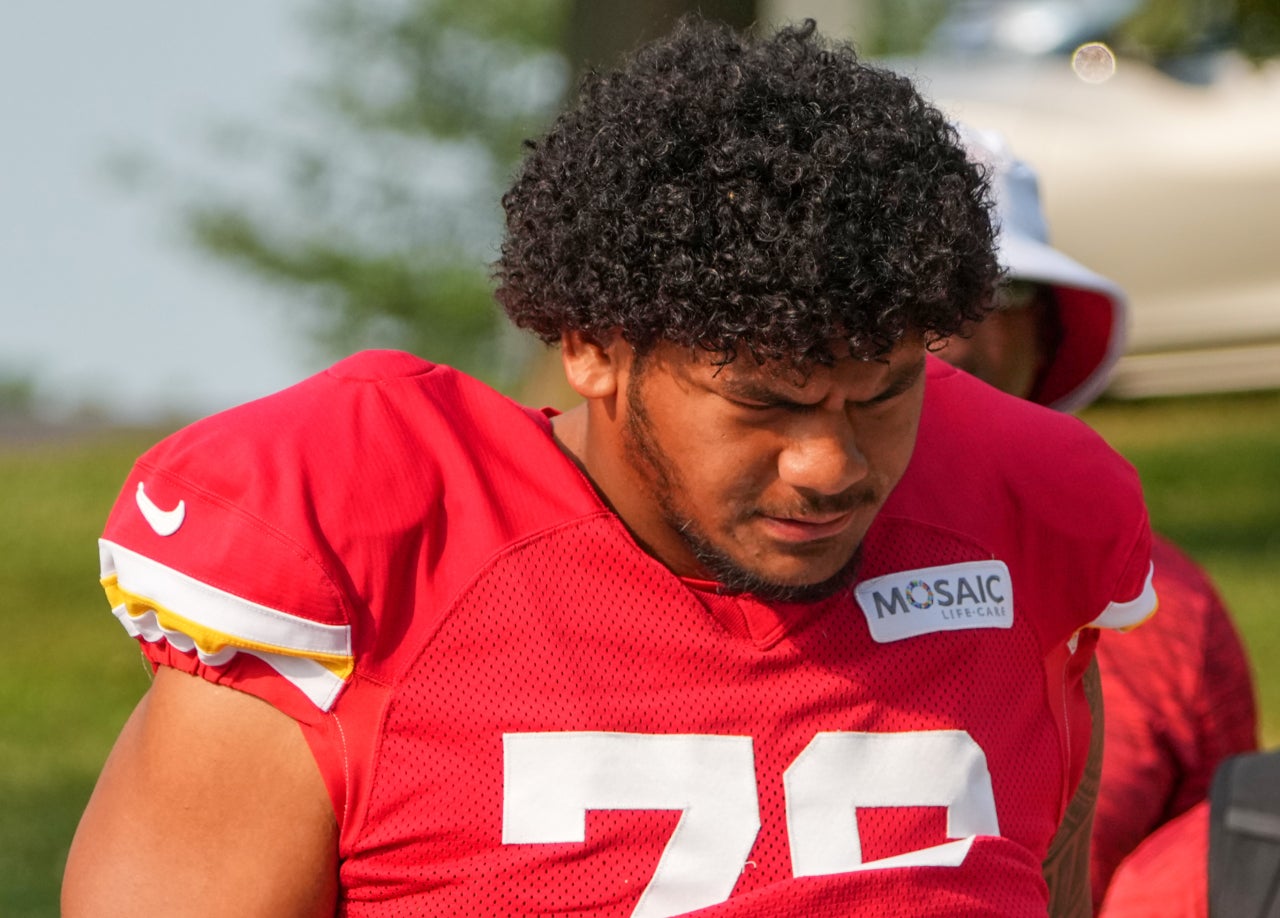 Jul 26, 2024; Kansas City, MO, USA; Kansas City Chiefs offensive tackle Kingsley Suamataia (76) walks from the locker room to the fields prior to training camp at Missouri Western State University.