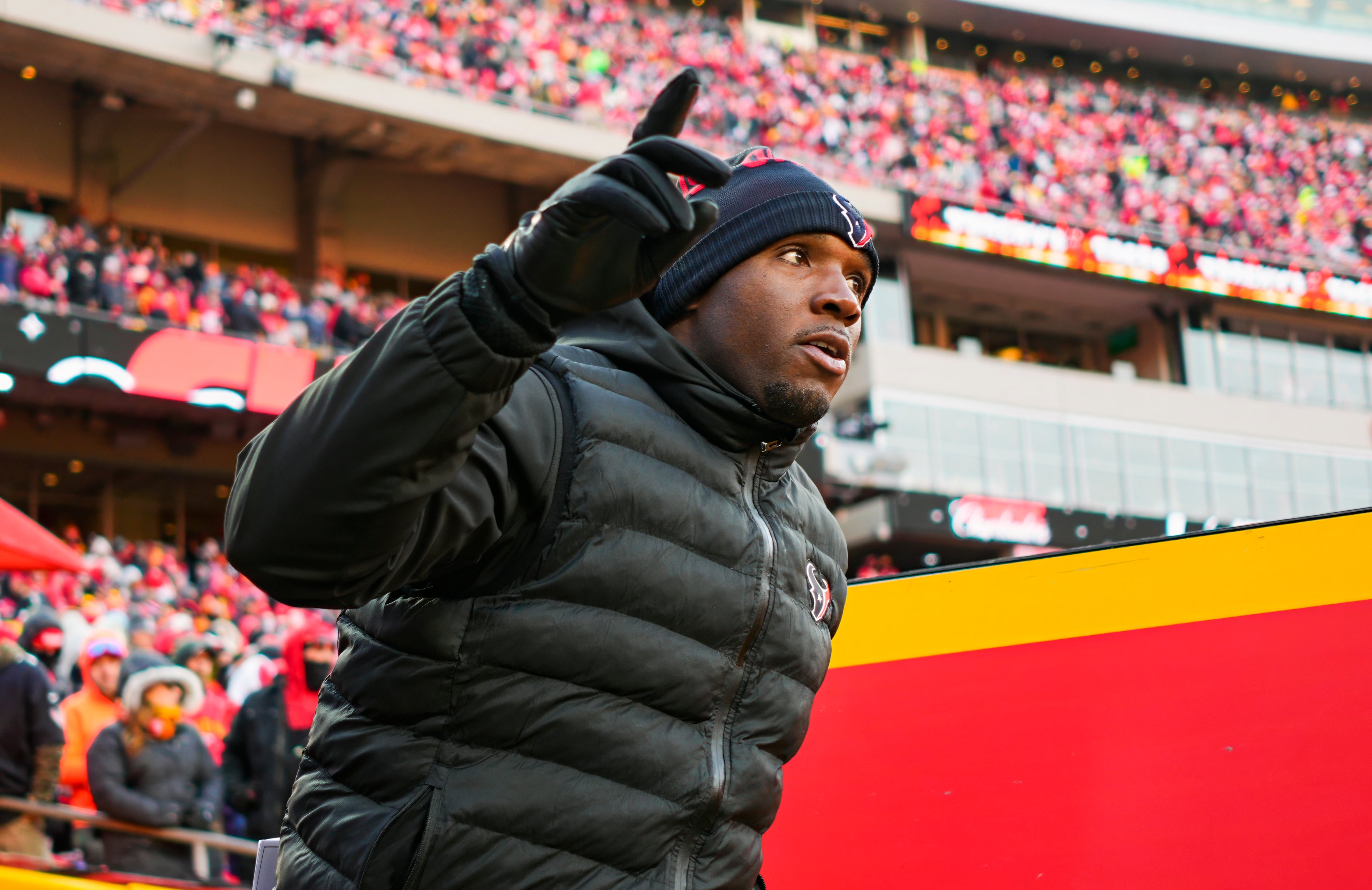Jan 18, 2025; Kansas City, Missouri, USA; Houston Texans head coach DeMeco Ryans takes the field prior to a 2025 AFC divisional round game against the Kansas City Chiefs at GEHA Field at Arrowhead Stadium.