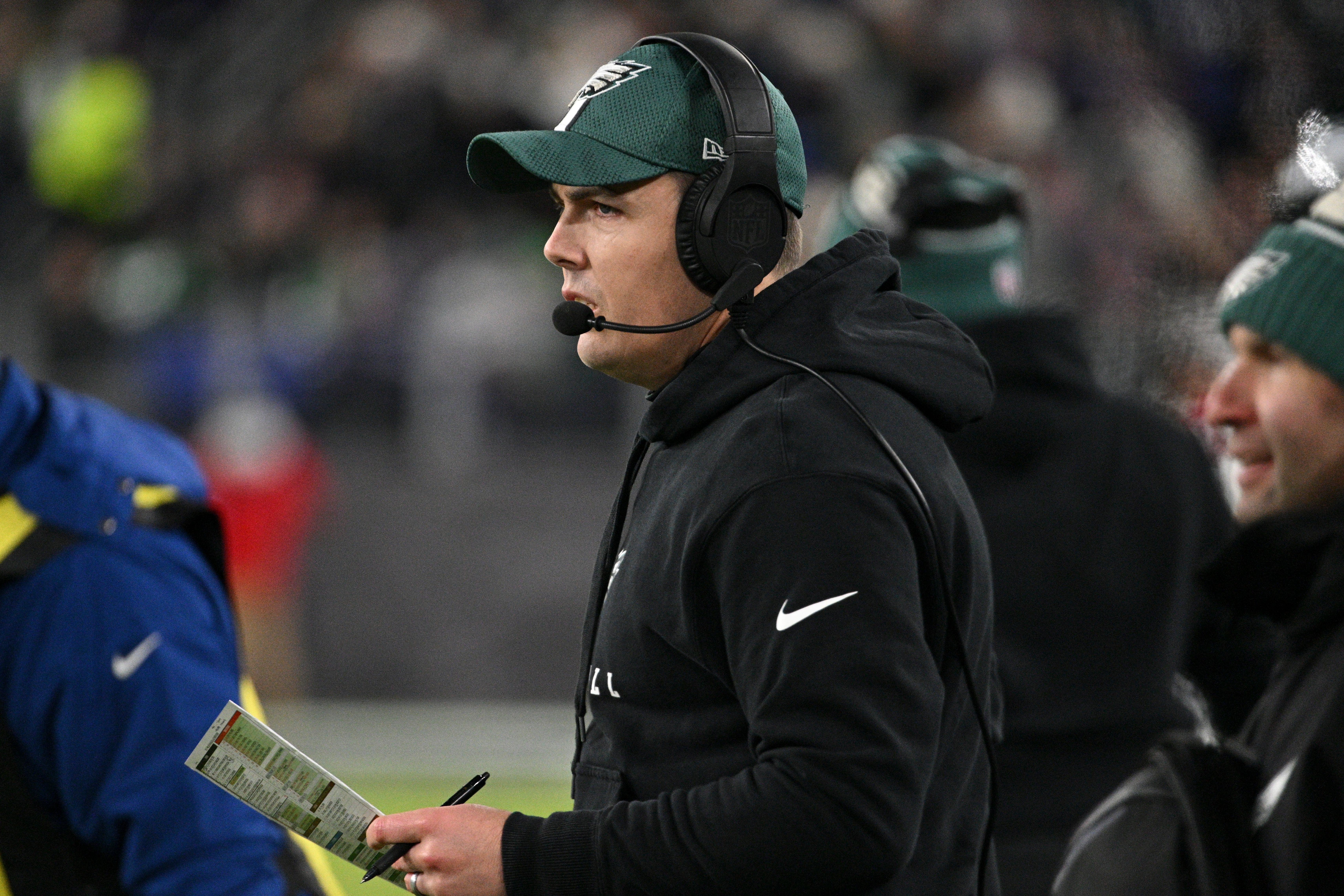 Philadelphia Eagles offensive coordinator Kellen Moore on the sidelines during the first half against the Baltimore Ravens at M&T Bank Stadium.