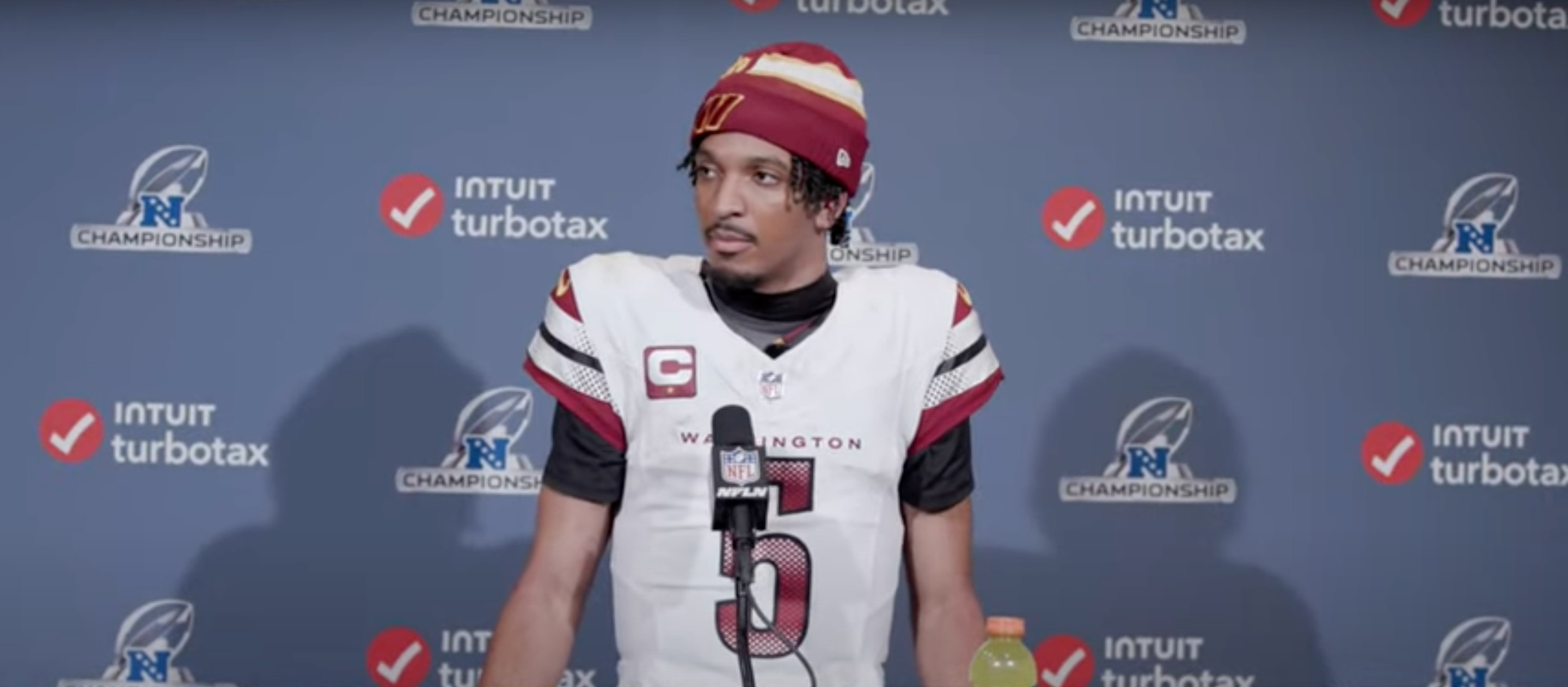 Jayden Daniels speaks with reporters after the Commanders' tough loss to the Eagles.