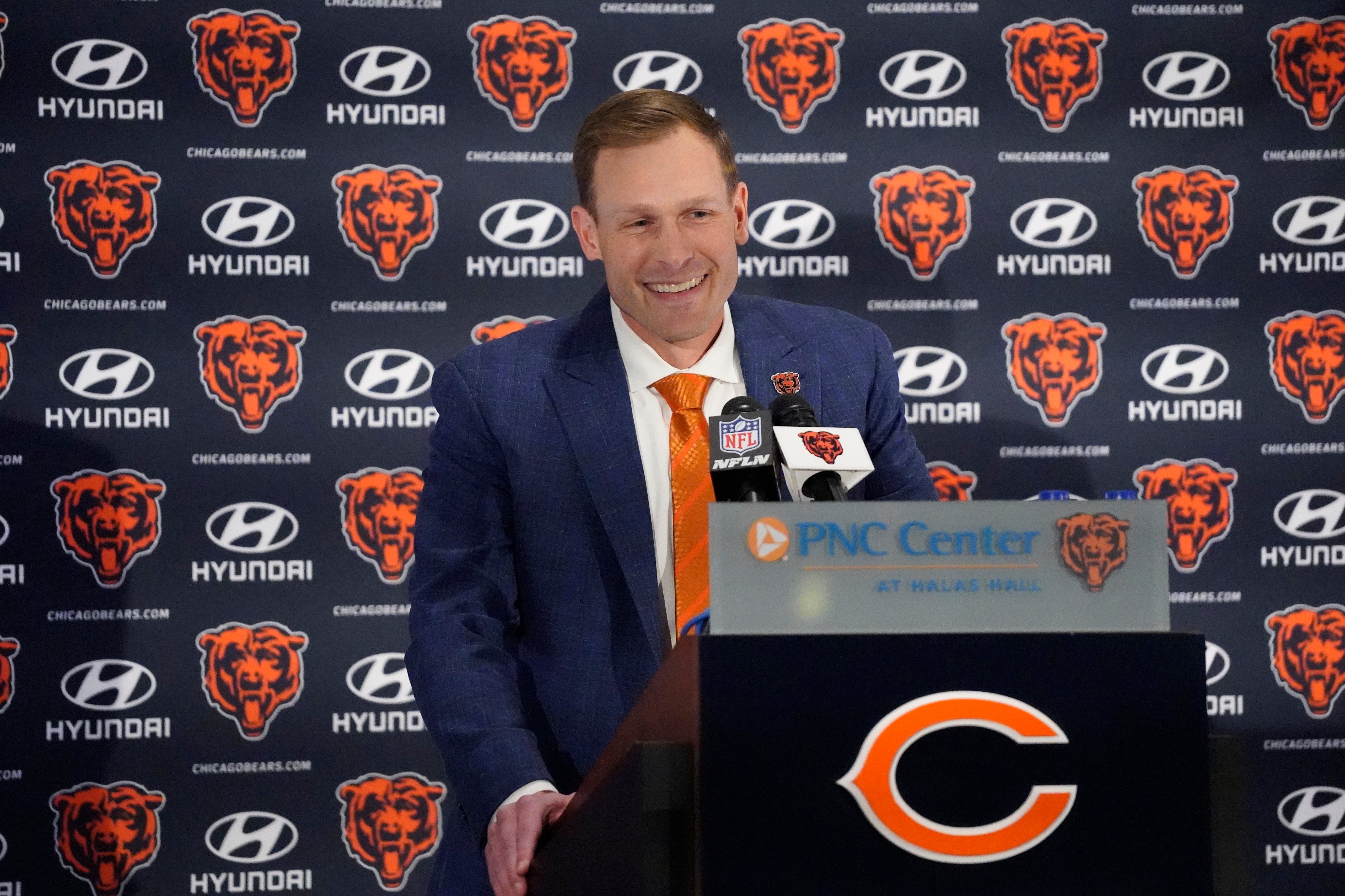 Jan 22, 2025; Lake Forest, IL, USA; Chicago Bears head coach Ben Johnson answers questions during a introductory press conference at PNC Center.