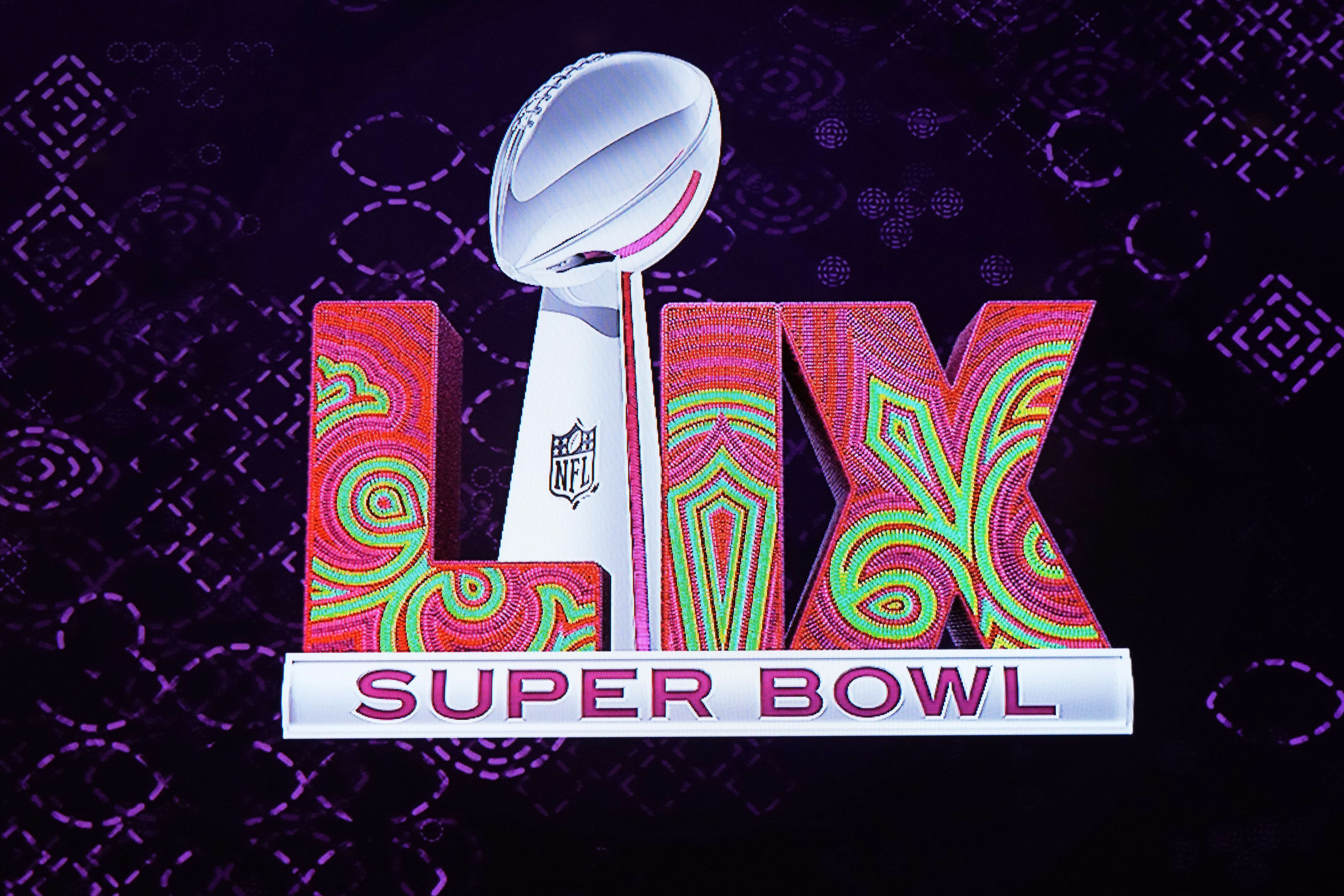 Feb 12, 2024; Las Vegas, NV, USA; The Super Bowl LIX logo at the Super Bowl Host Committee Handoff press conference at the Super Bowl LVIII media center at the Mandalay Bay North Convention Center