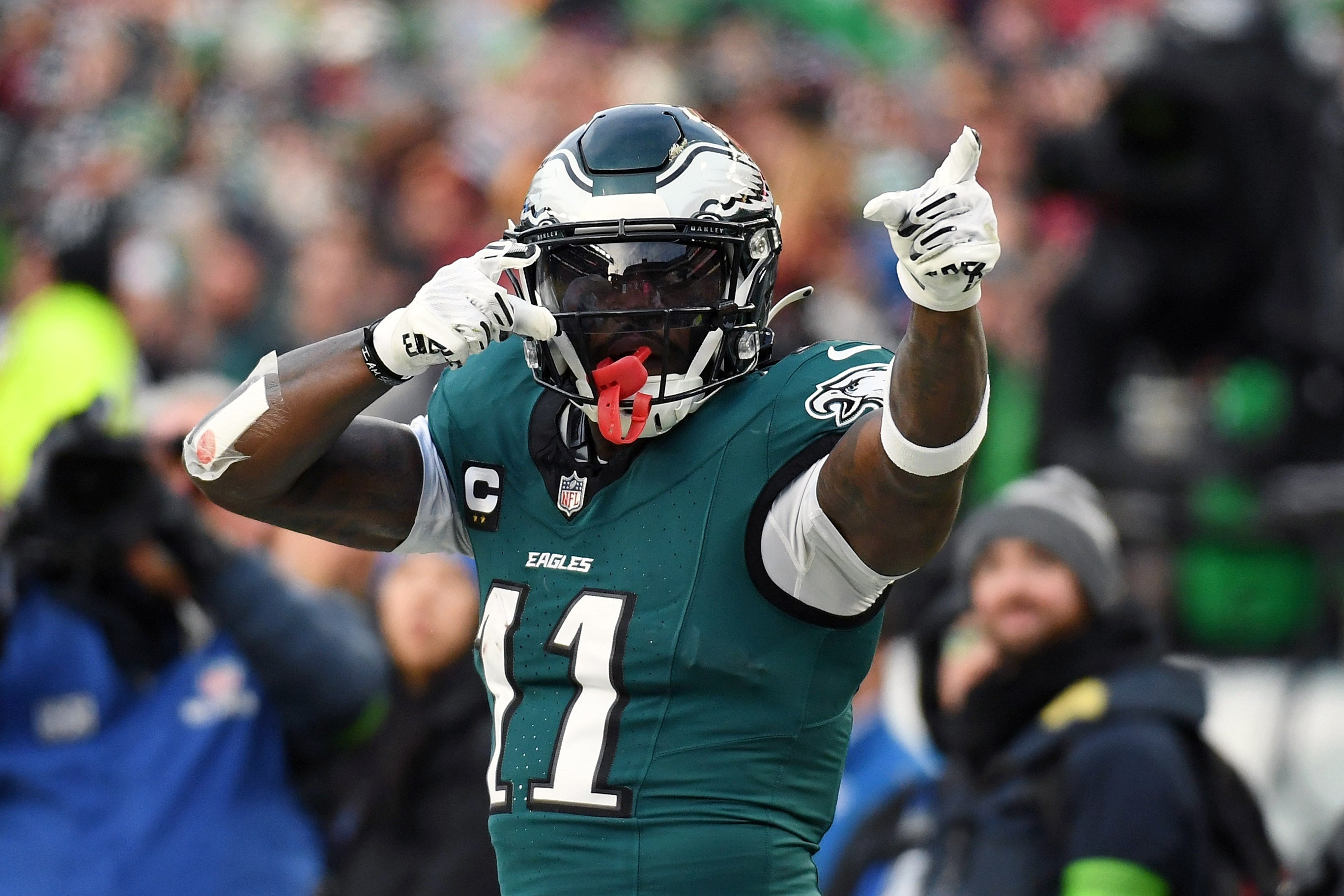 Philadelphia Eagles wide receiver A.J. Brown (11) reacts after a play against the Washington Commanders during the first half in the NFC Championship game at Lincoln Financial Field.