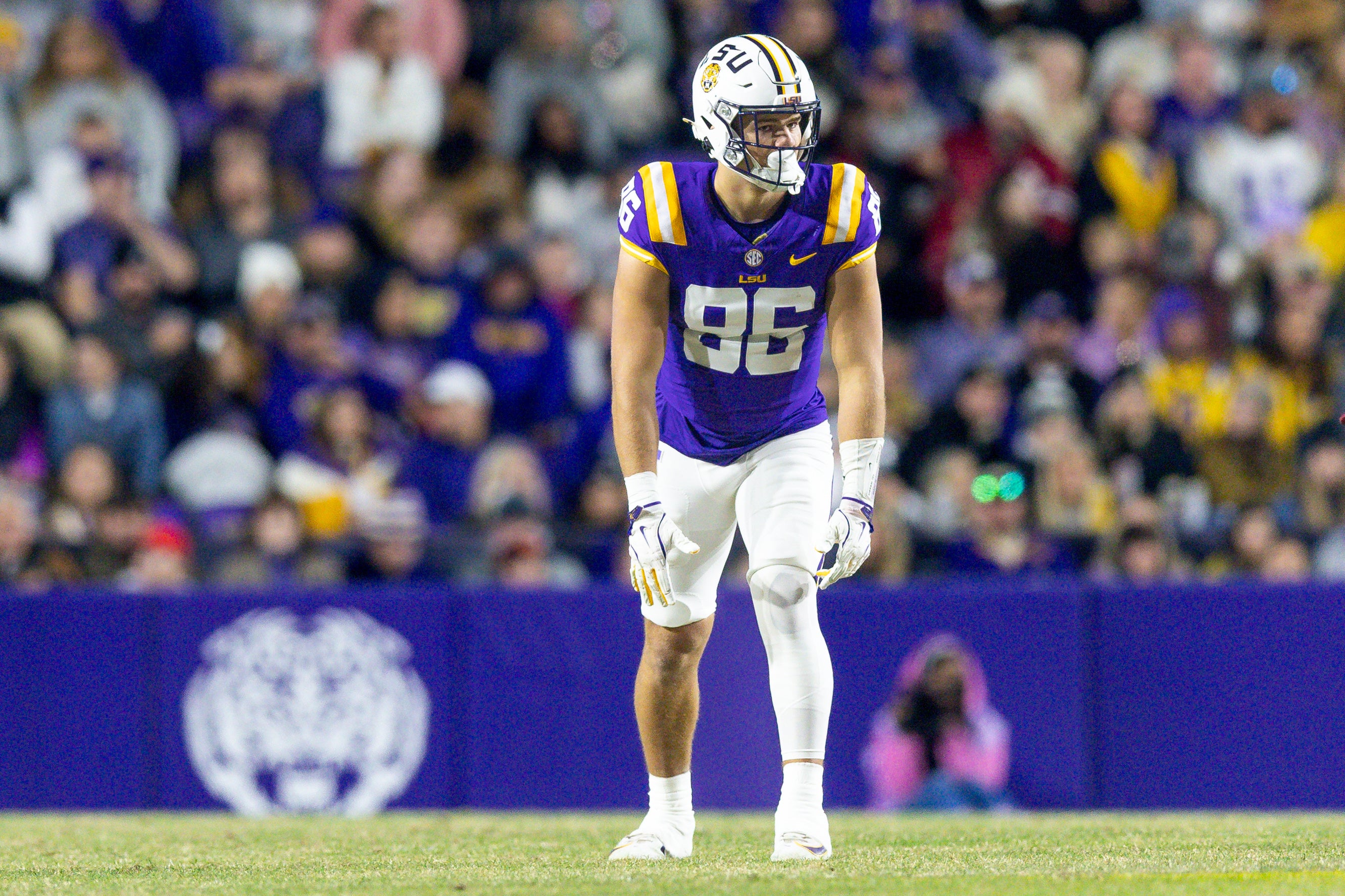 Nov 30, 2024; Baton Rouge, Louisiana, USA; LSU Tigers tight end Mason Taylor (86) looks on against the Oklahoma Sooners during the first quarter at Tiger Stadium.