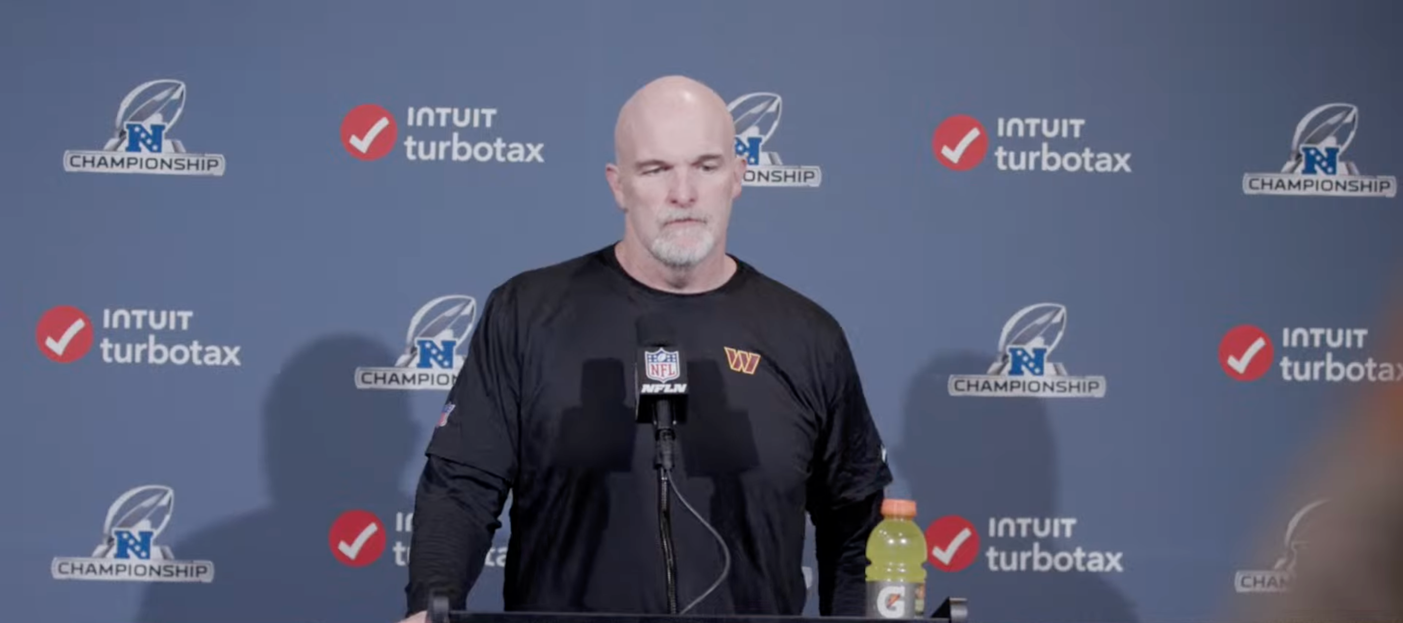 Dan Quinn talks to reporters after the Commanders' loss to the Eagles in the NFC Championship Game.