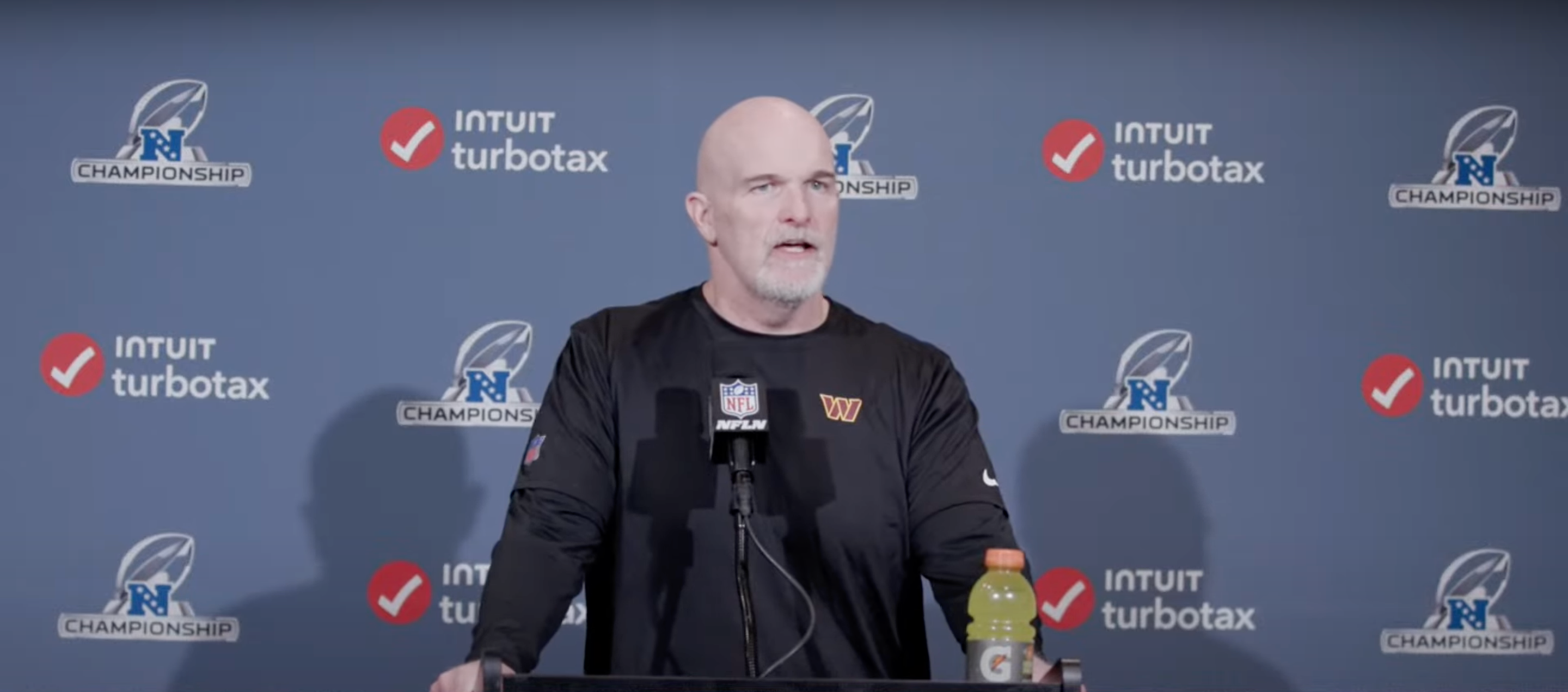 Dan Quinn talks to reporters after the Commanders' lose the NFC Championship Game.
