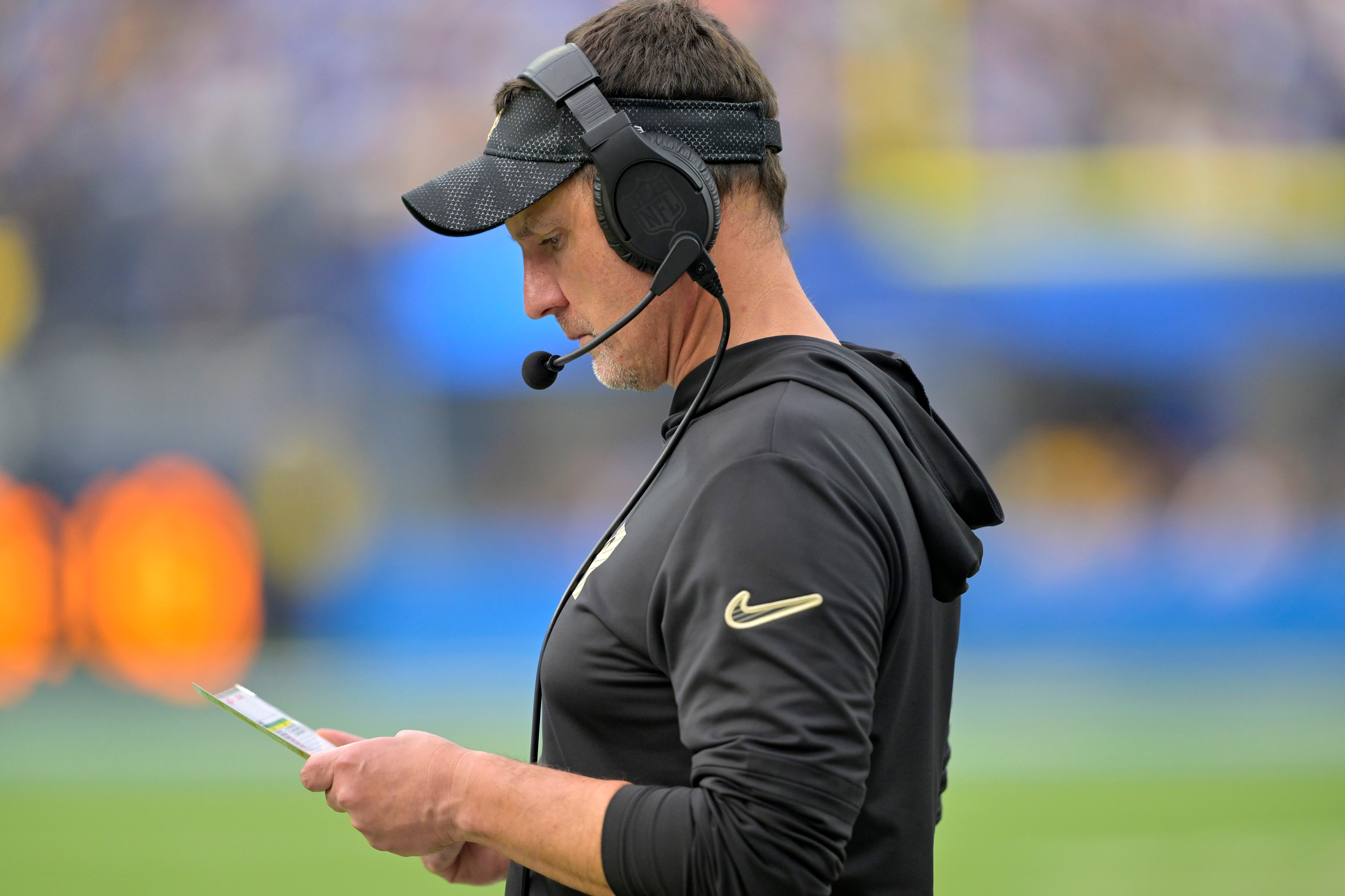 Oct 27, 2024; Inglewood, California, USA; New Orleans Saints head coach Dennis Allen on the sidelines in the second half against the Los Angeles Chargers at SoFi Stadium.