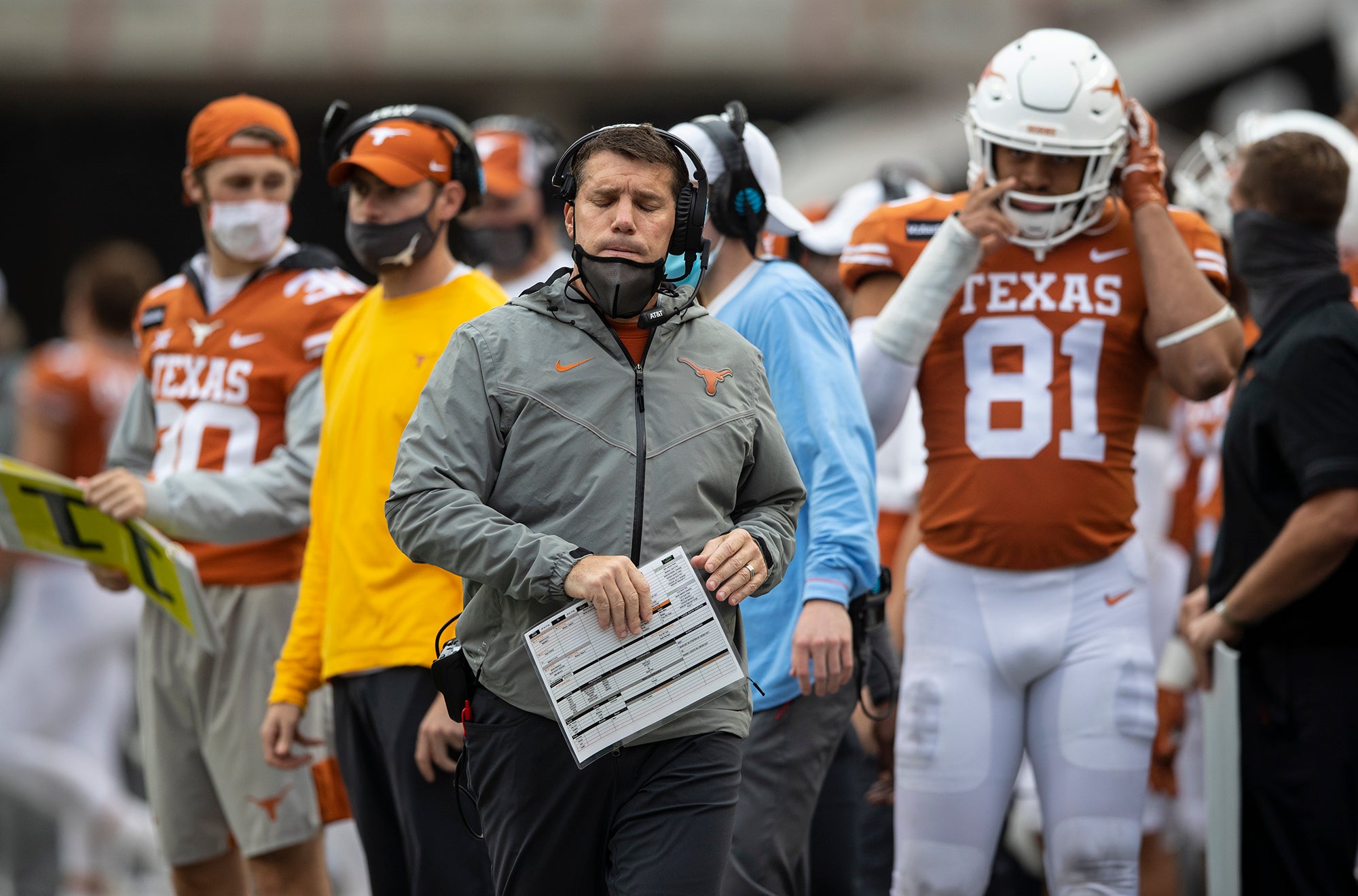 Texas Longhorns defensive coordinator Chris Ash reacts after a late score in the fourth quarter by Iowa State Cyclones during NCAA college football game at Darrell K Royal-Texas Memorial Stadium.