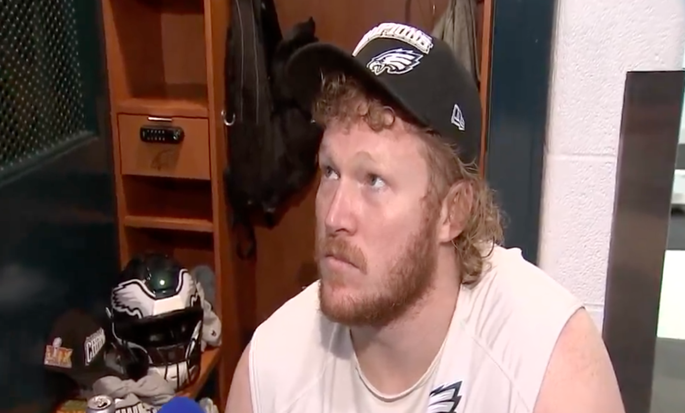 Philadelphia Eagles center Cam Jurgens speaks to reporters following NFC championship win over Washington Commanders