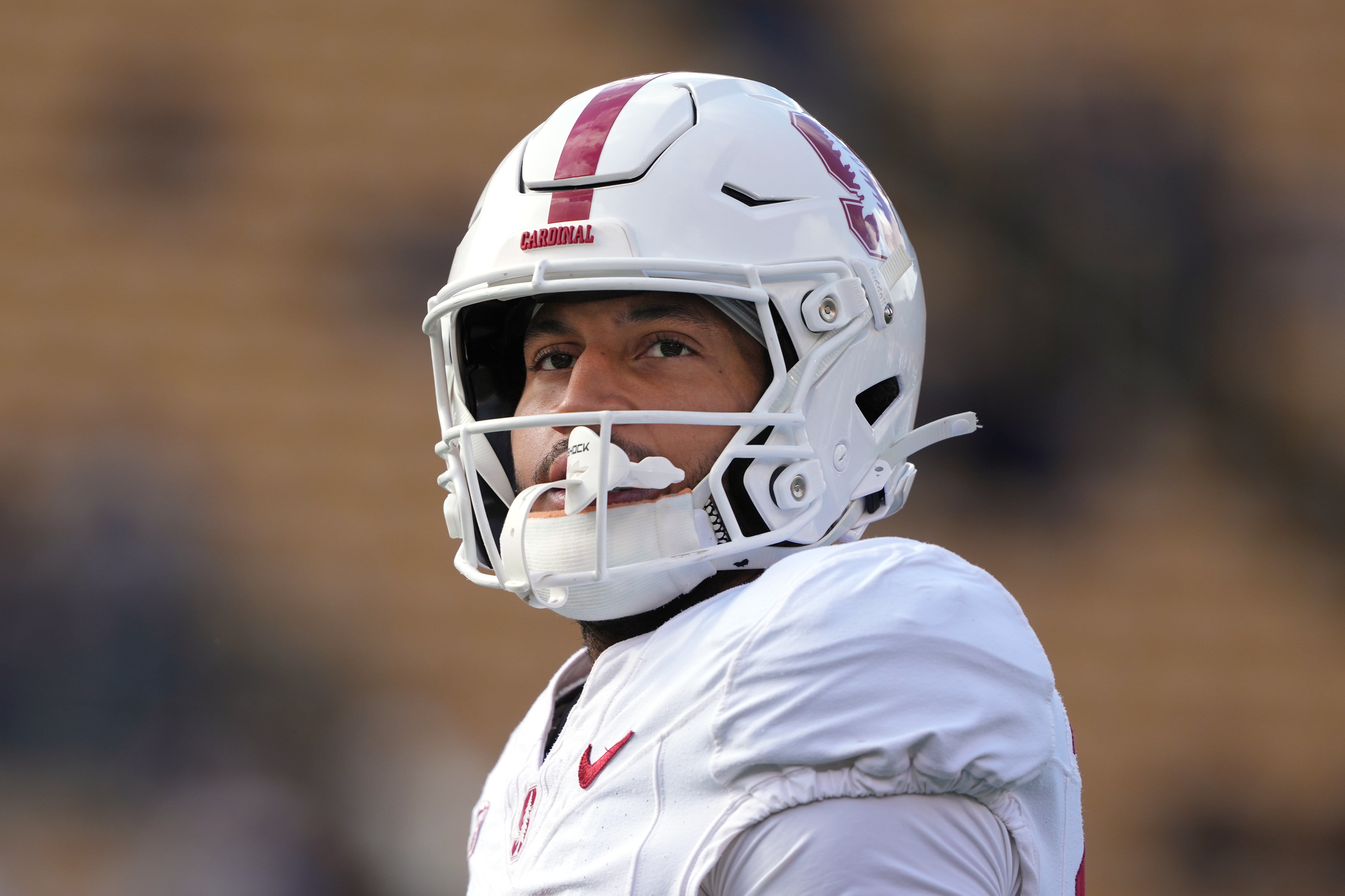 Nov 23, 2024; Berkeley, California, USA; Stanford Cardinal wide receiver Elic Ayomanor (13) before the game against the California Golden Bears at California Memorial Stadium.