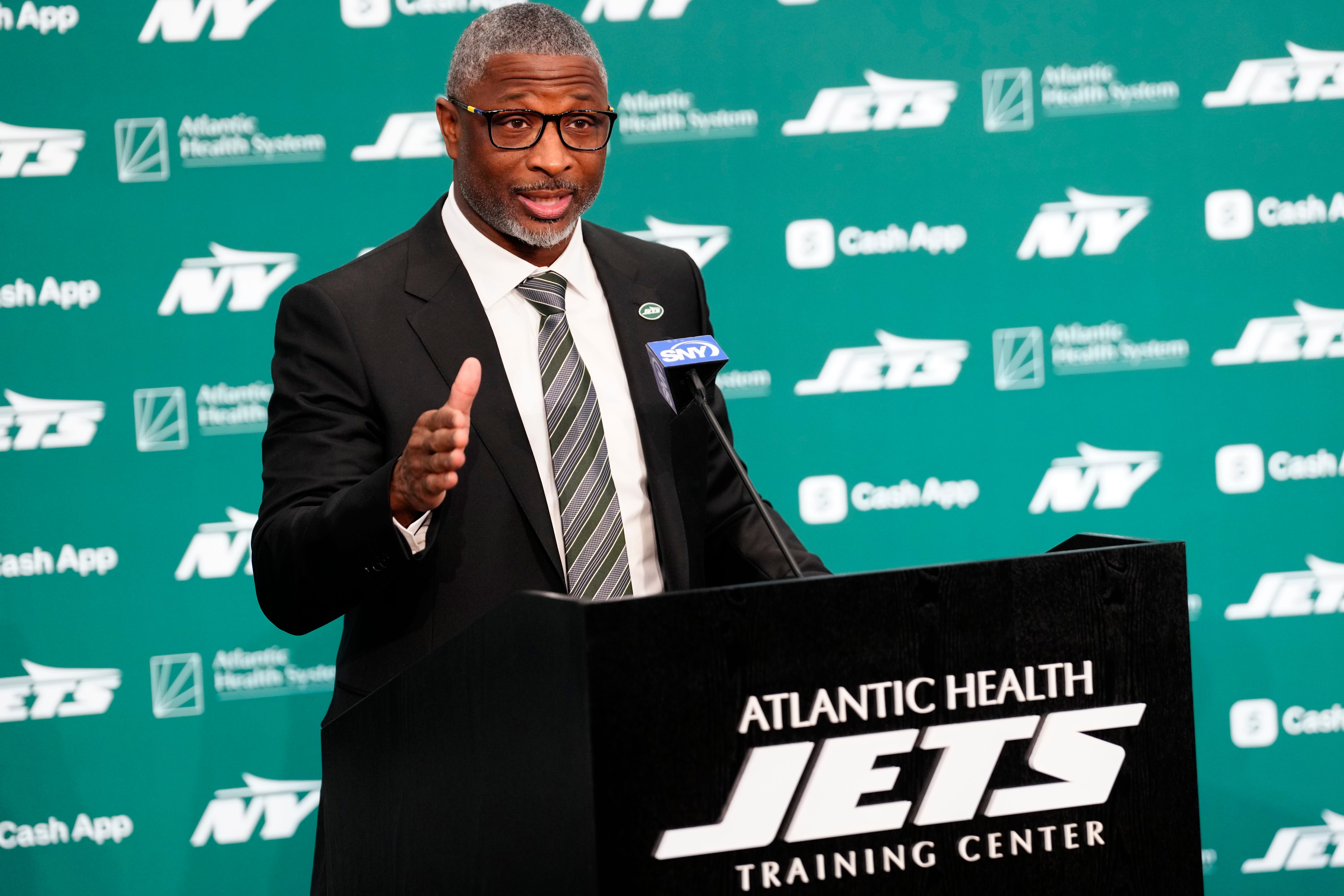 New York Jets Head Coach Aaron Glenn, is shown at a press conference at the Atlantic Health Jets Training Center, Monday, January 27, 2025, in Florham Park.