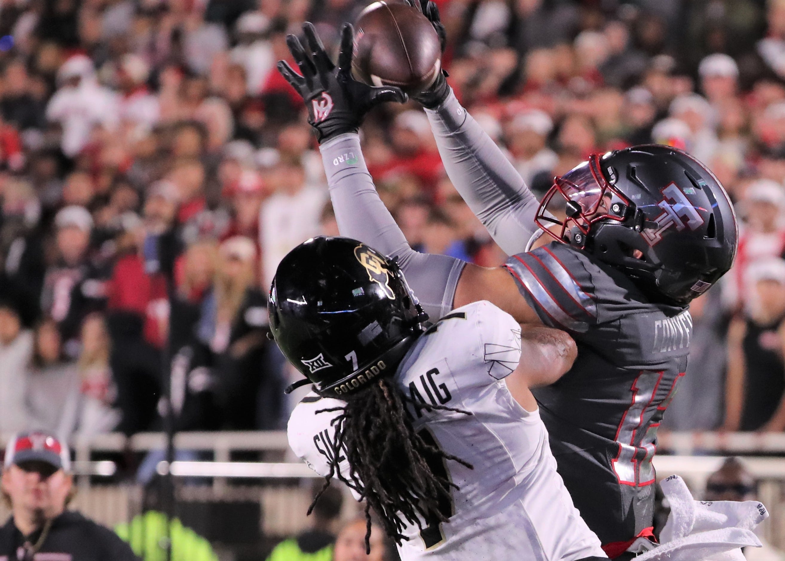 Texas Tech's Jalin Conyers catches a touchdown against Colorado in a Big 12 football game Saturday, Nov. 9, 2024, at Jones AT&T Stadium.