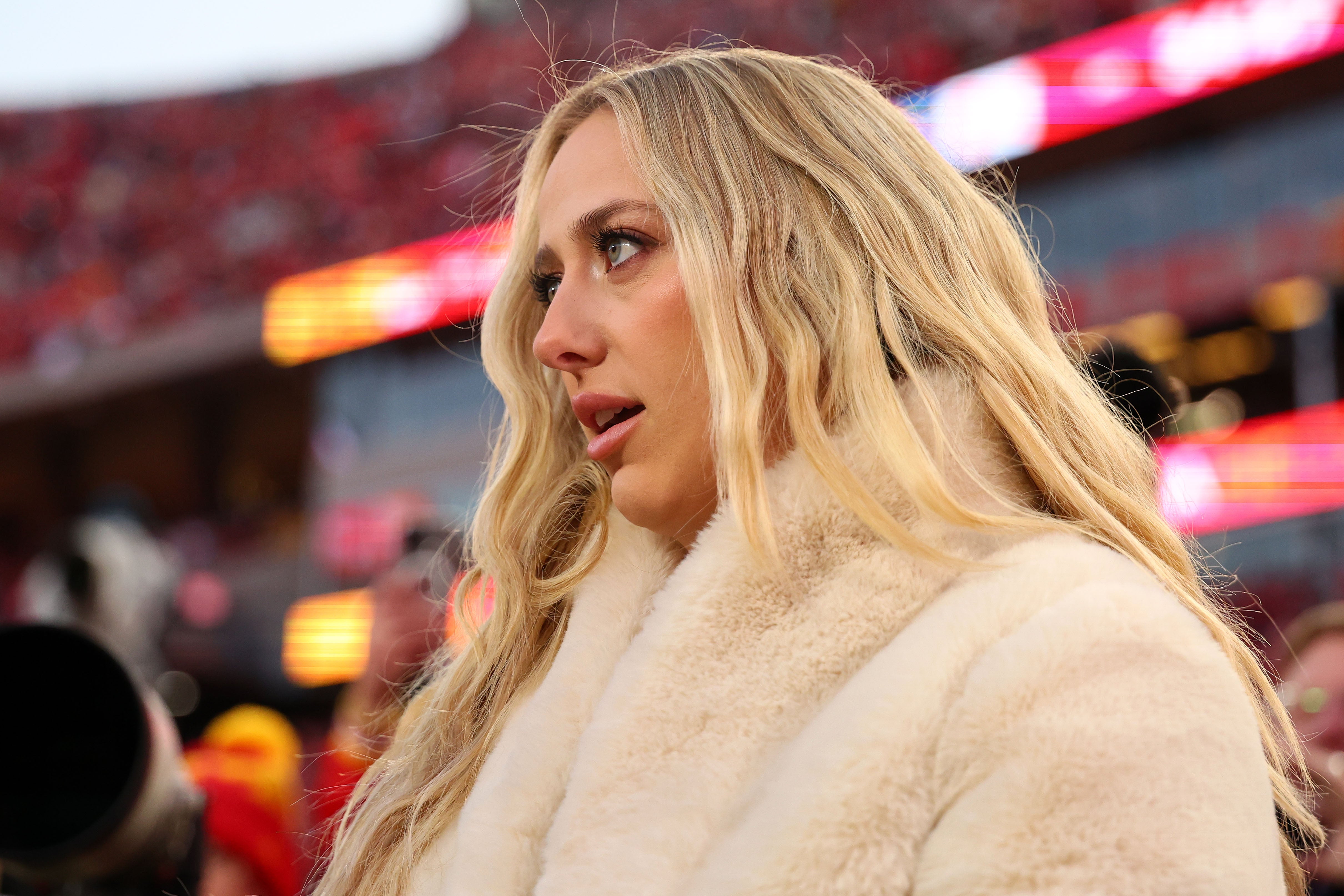 Jan 26, 2025; Kansas City, MO, USA; Brittany Mahomes on the sidelines before the AFC Championship gameagainst the Buffalo Bills at GEHA Field at Arrowhead Stadium.