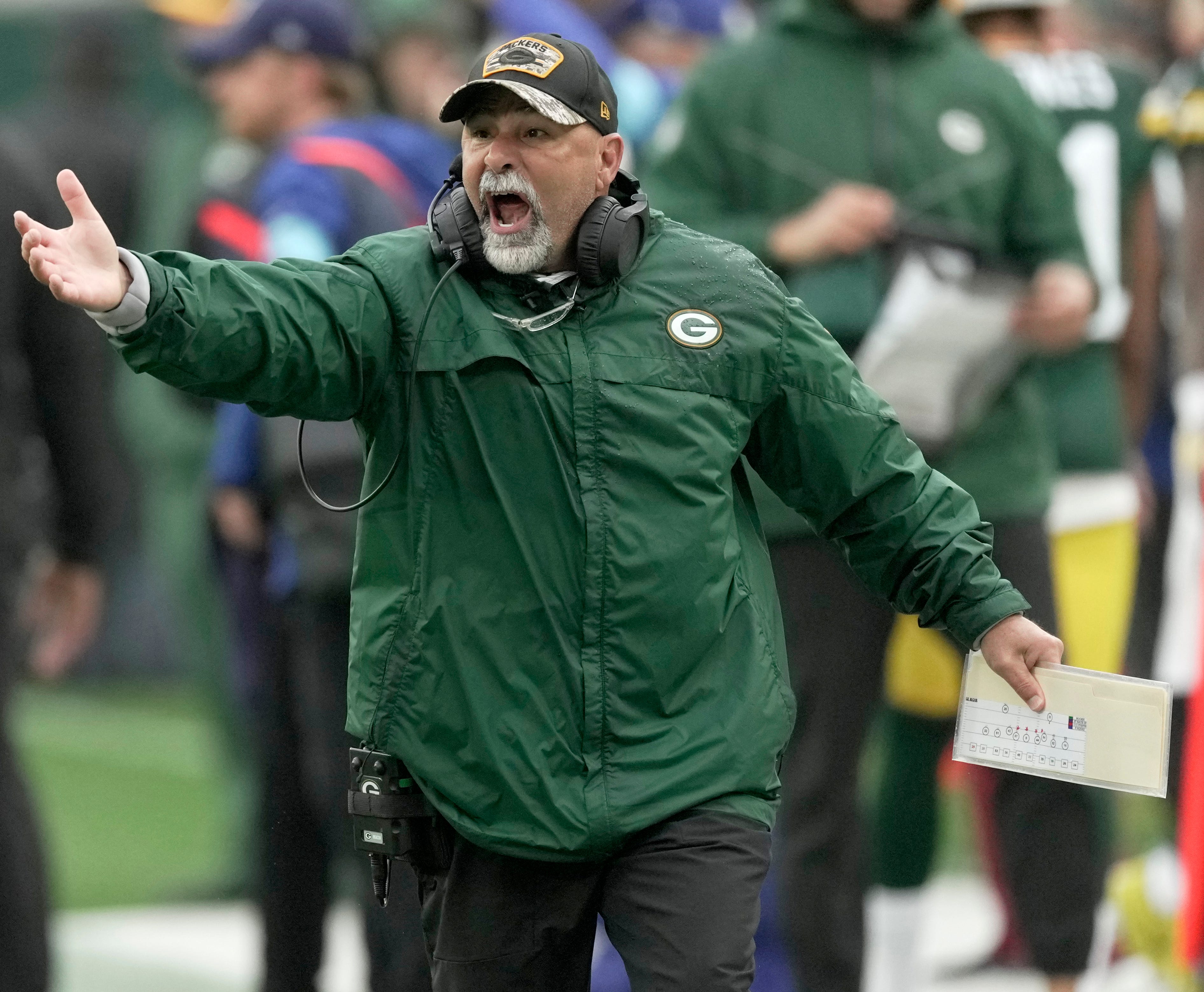 Green Bay Packers special teams coordinator Rich Bisaccia is shown during the second quarter of their game against the Arizona Cardinals Sunday, October 13, 2024 at Lambeau Field in Green Bay, Wisconsin.
