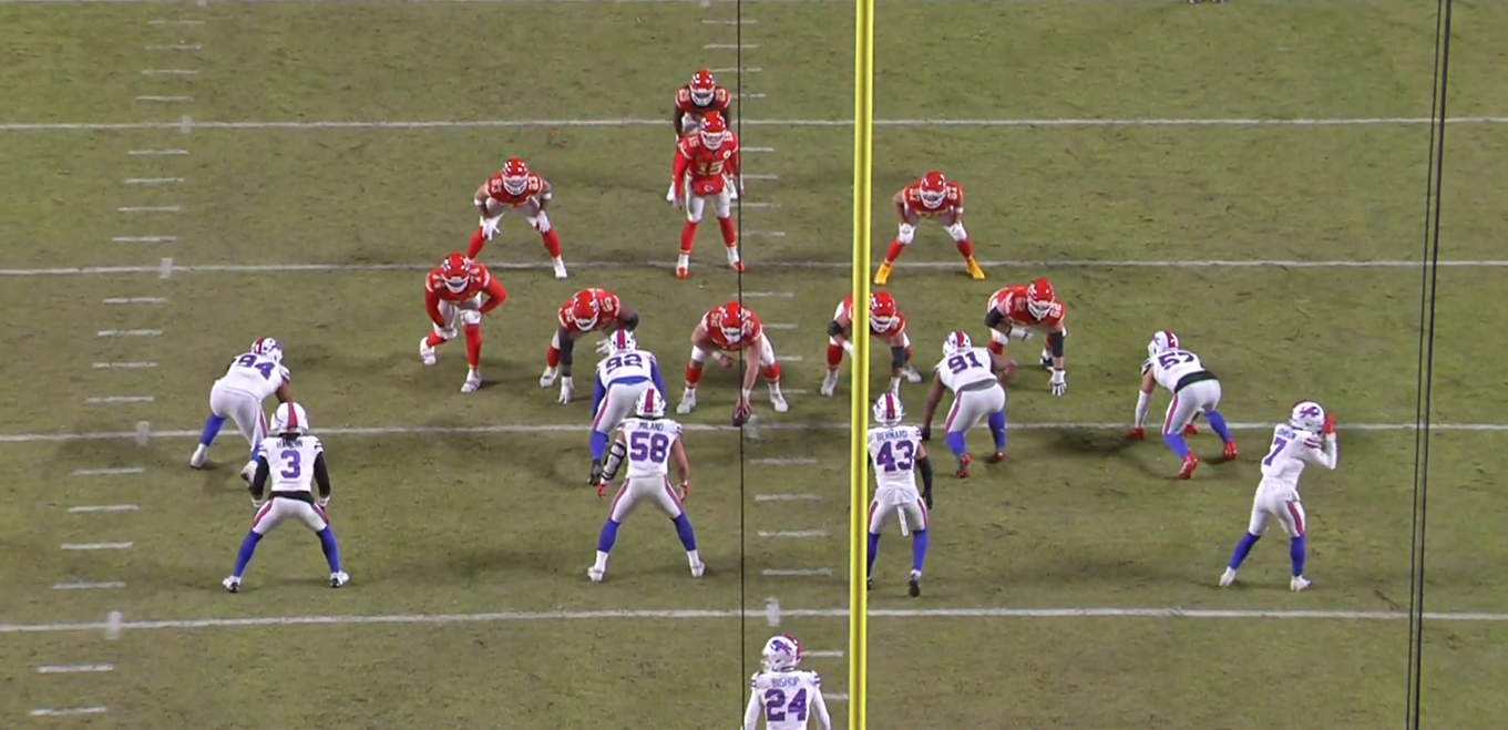 Kansas City Chiefs line up for a play in the fourth quarter of the AFC Championship Game 32-29 win over Buffalo Bills.