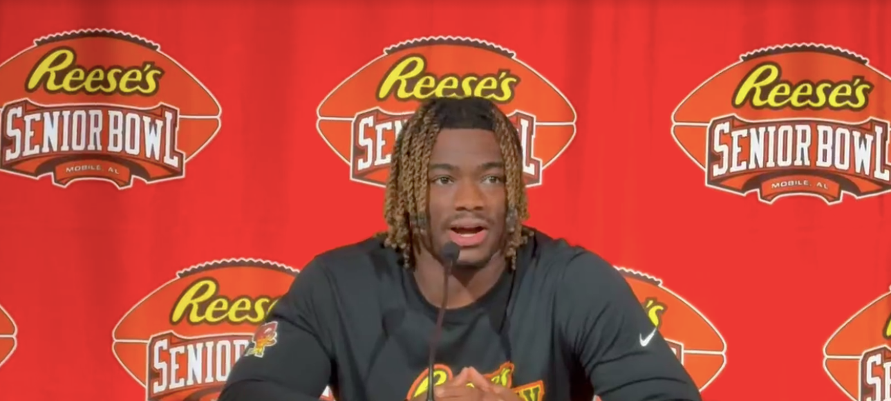 Former Alabama Crimson Tide QB Jalen Milroe addresses the media ahead of the 2025 Senior Bowl