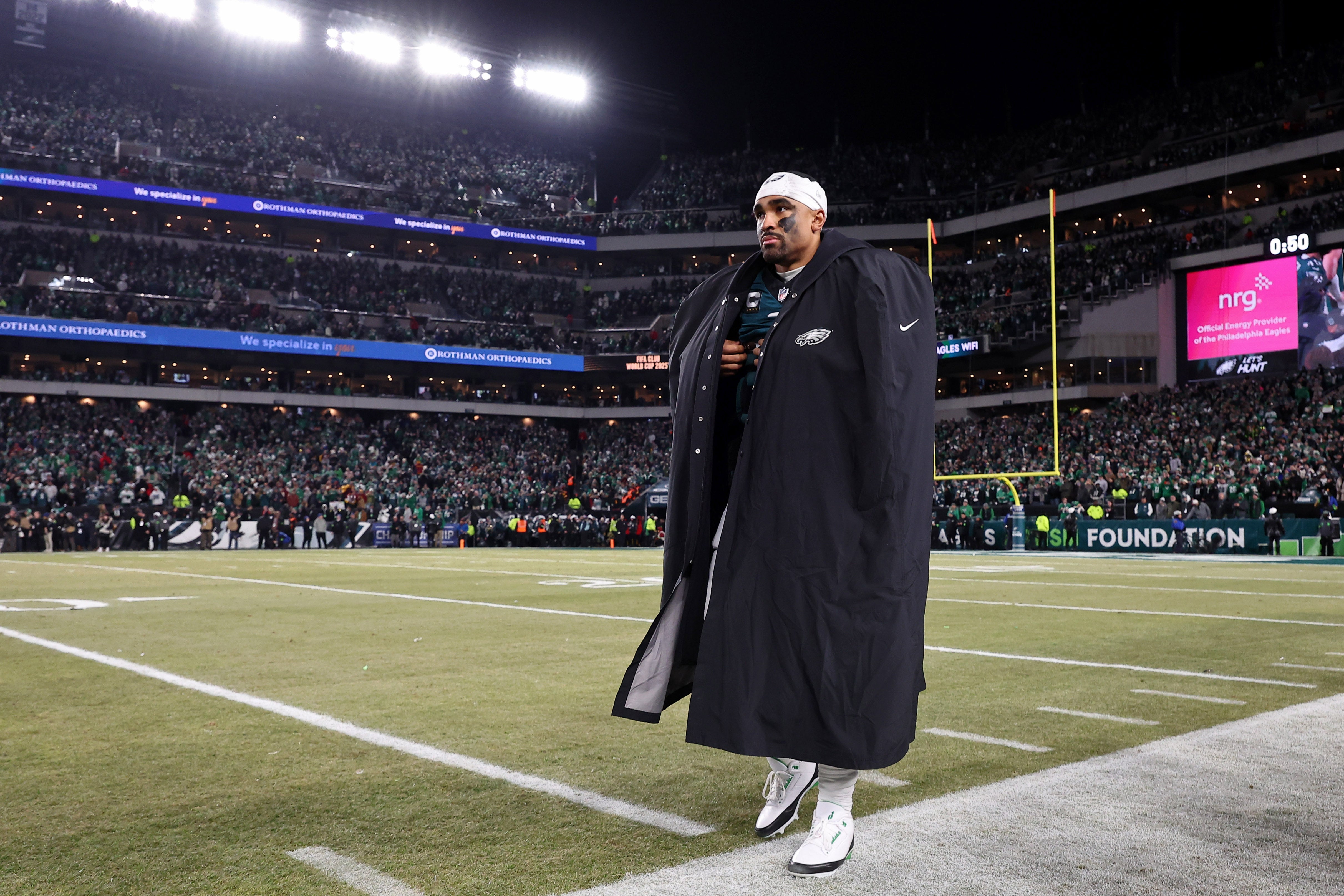 Philadelphia Eagles quarterback Jalen Hurts (1) looks on near the end of the fourth quarter of the NFC Championship game against the Washington Commanders at Lincoln Financial Field.