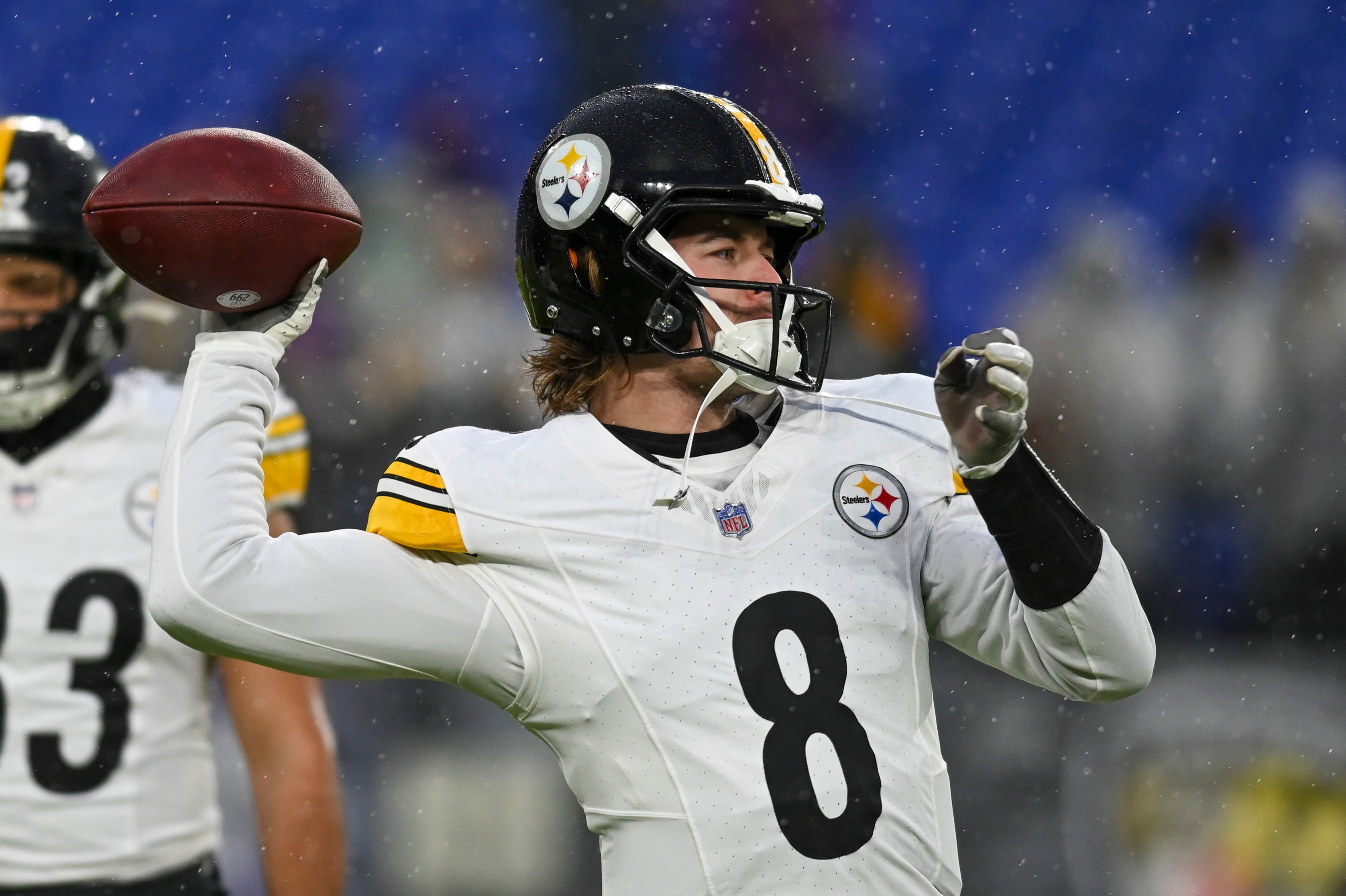 Jan 6, 2024; Baltimore, Maryland, USA; Pittsburgh Steelers quarterback Kenny Pickett (8) warms up before the game against the Baltimore Ravens at M&T Bank Stadium.