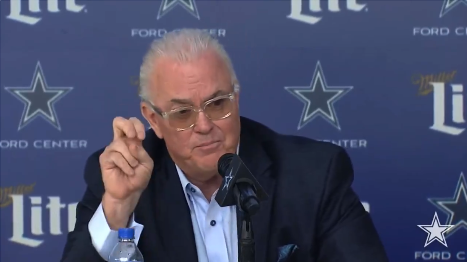 Stephen Jones addresses media in Dallas Cowboys head coach Brian Schottenheimer's press conference.