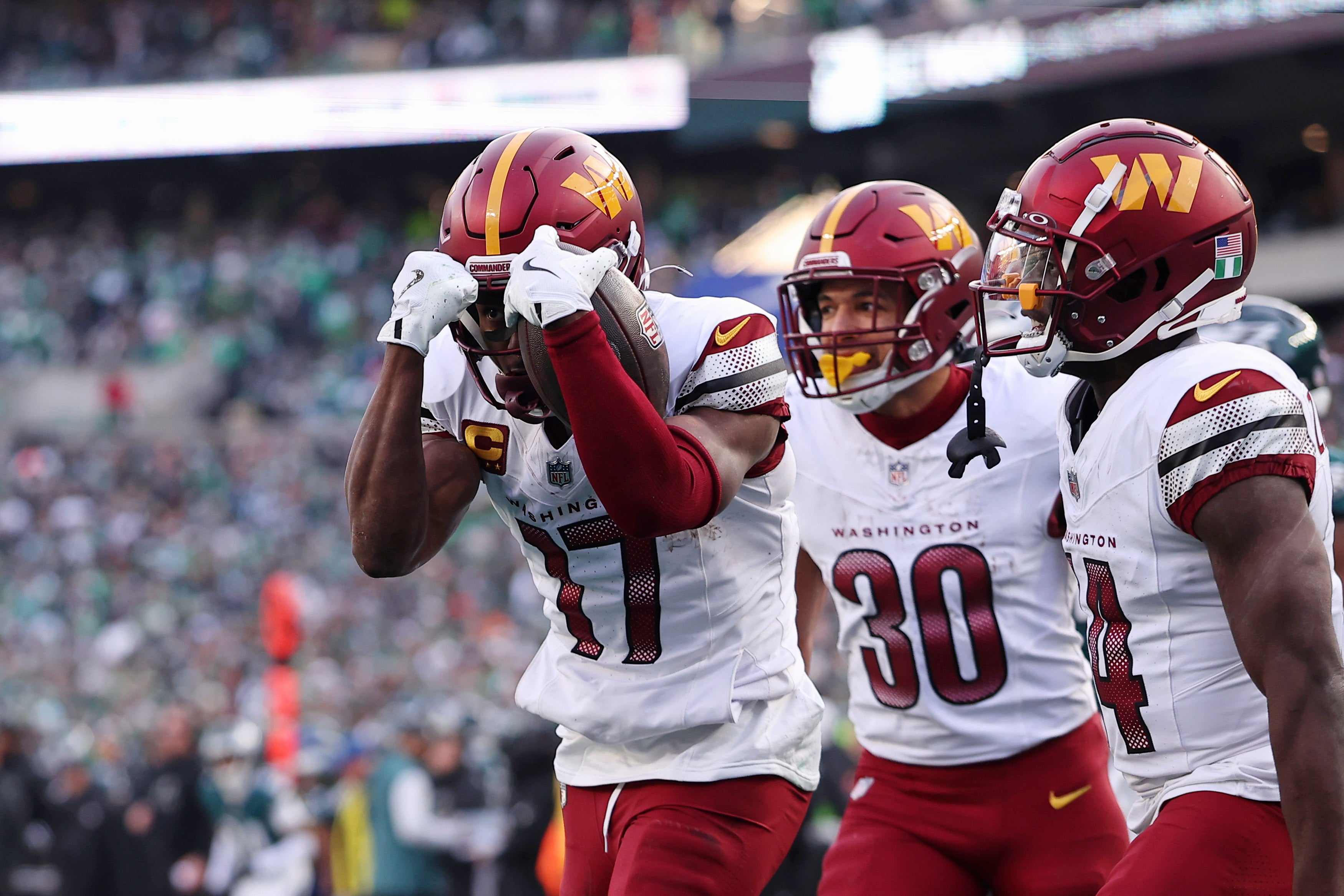 Jan 26, 2025; Philadelphia, PA, USA; Washington Commanders wide receiver Terry McLaurin (17) reacts after a play against the Philadelphia Eagles during the first half in the NFC Championship game at Lincoln Financial Field.