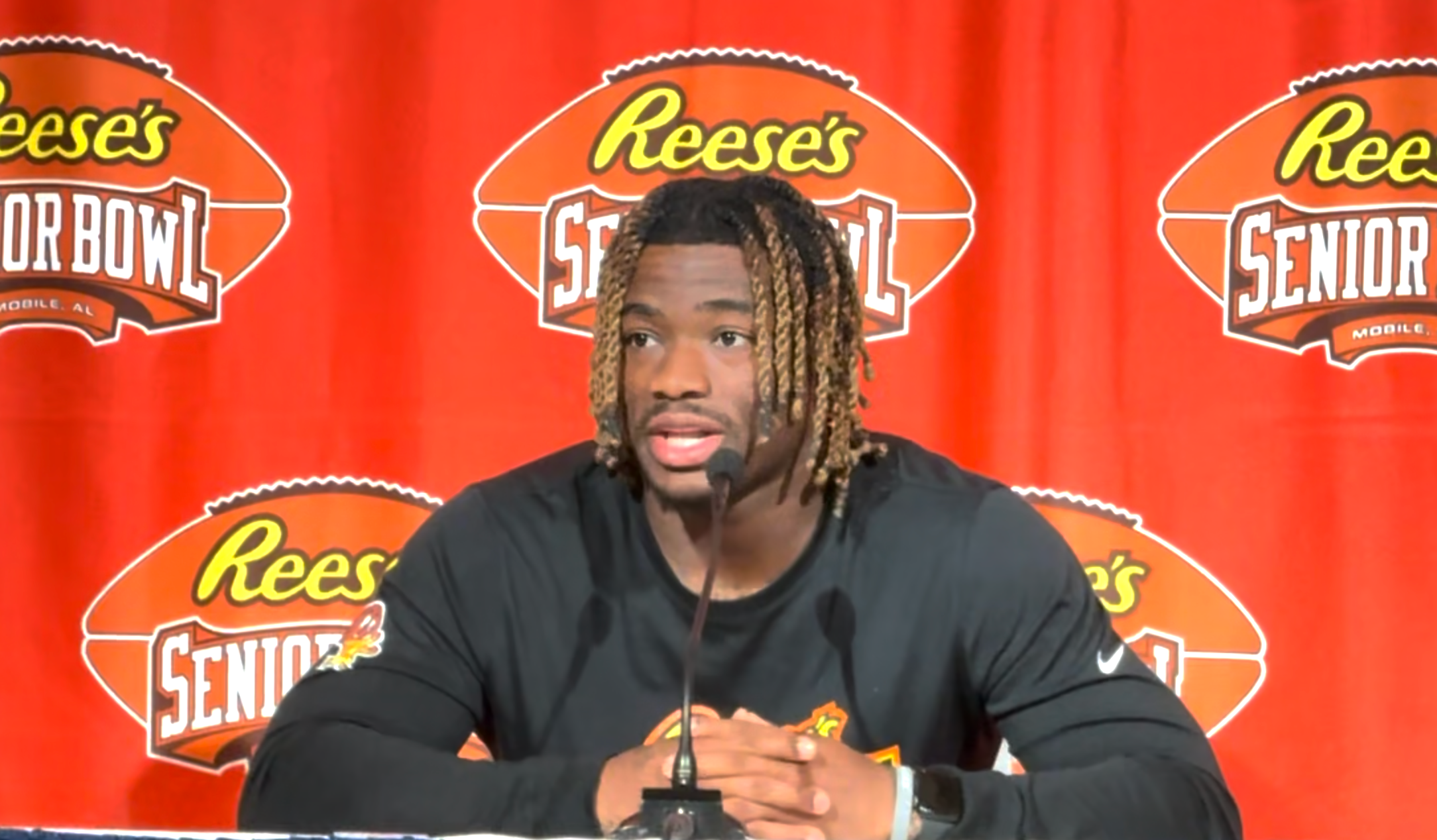 Alabama quarterback Jalen Milroe speaks on Philadelphia Eagles quarterback Jalen Hurts during Reese's Senior Bowl.