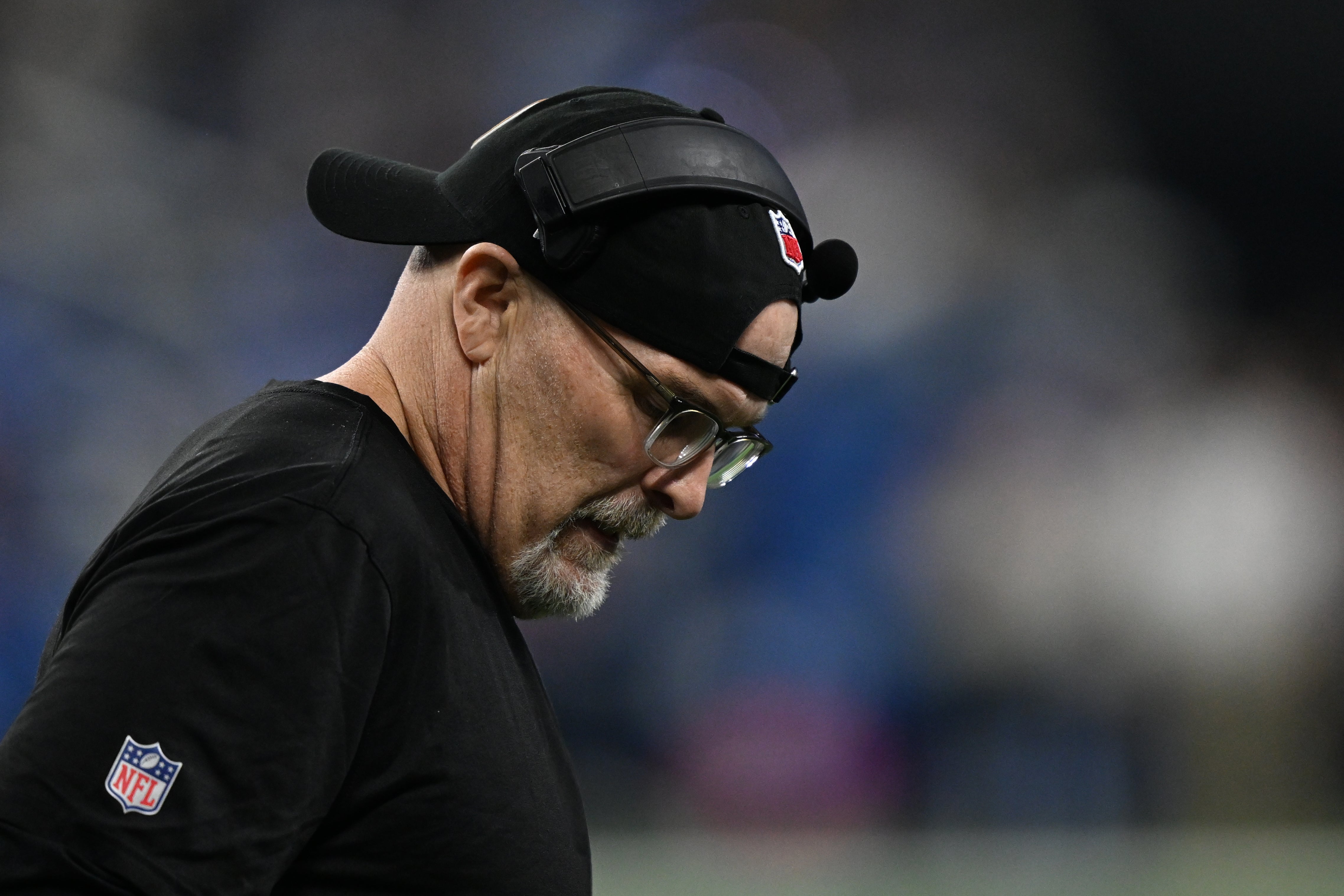 Jan 18, 2025; Detroit, Michigan, USA; Washington Commanders head coach Dan Quinn looks on second quarter against Detroit Lions in a 2025 NFC divisional round game at Ford Field.