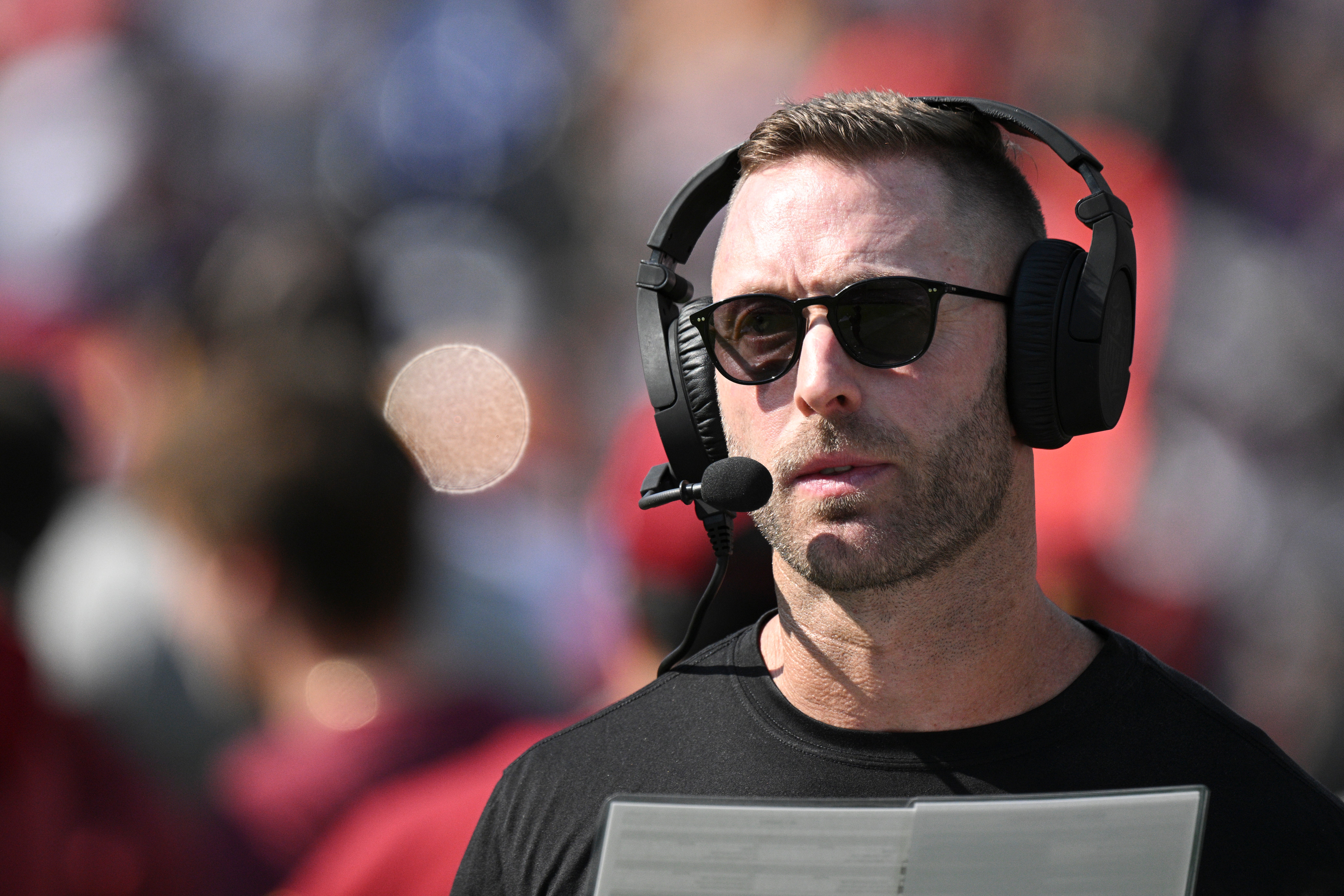 Oct 13, 2024; Baltimore, Maryland, USA; Washington Commanders offensive coordinator Kliff Kingsbury on the sidelines during the first half against the Baltimore Ravens at M&T Bank Stadium.