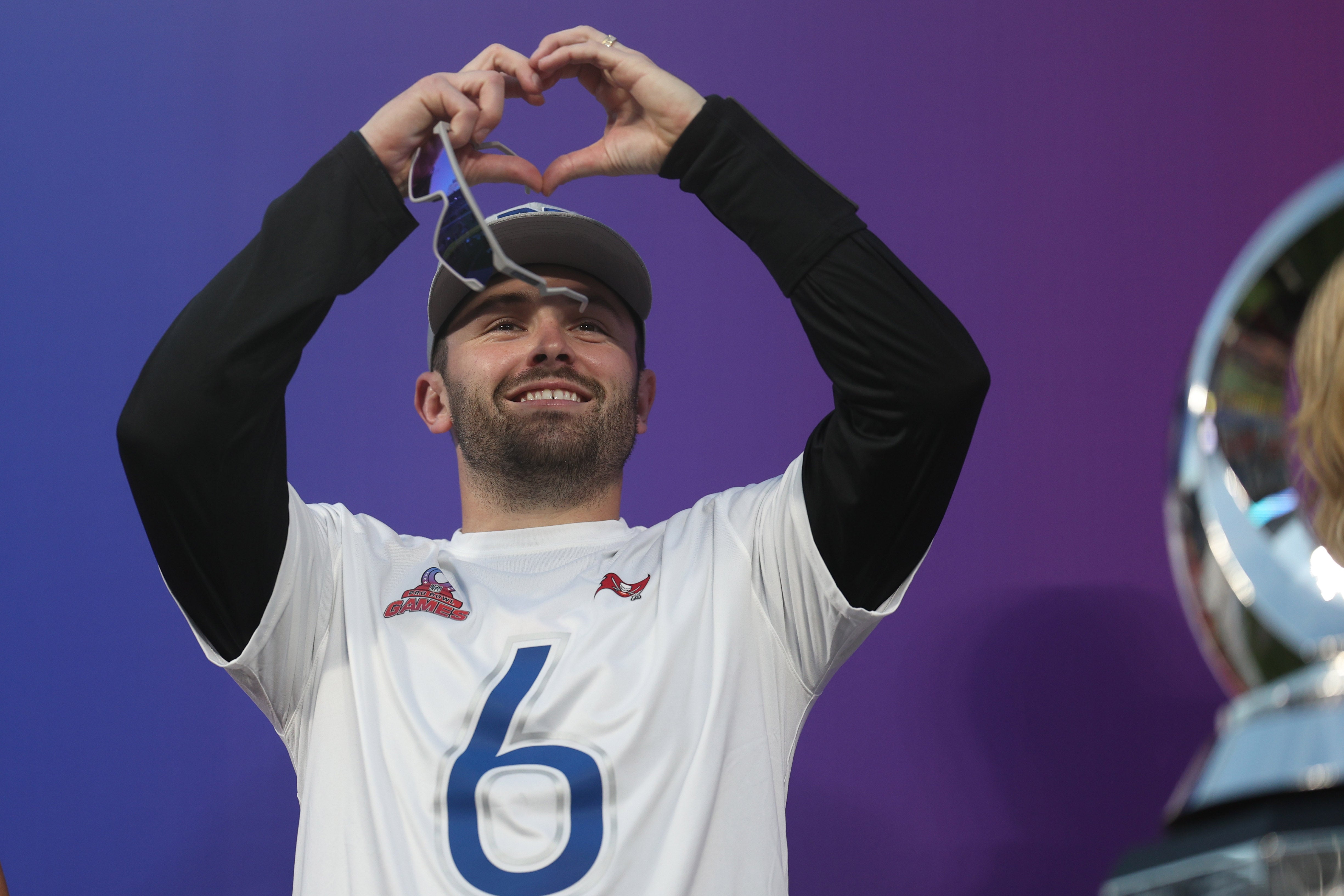 Feb 4, 2024; Orlando, FL, USA; NFC quarterback Baker Mayfield (6) of the Tampa Bay Buccaneers reacts after the 2024 Pro Bowl at Camping World Stadium.