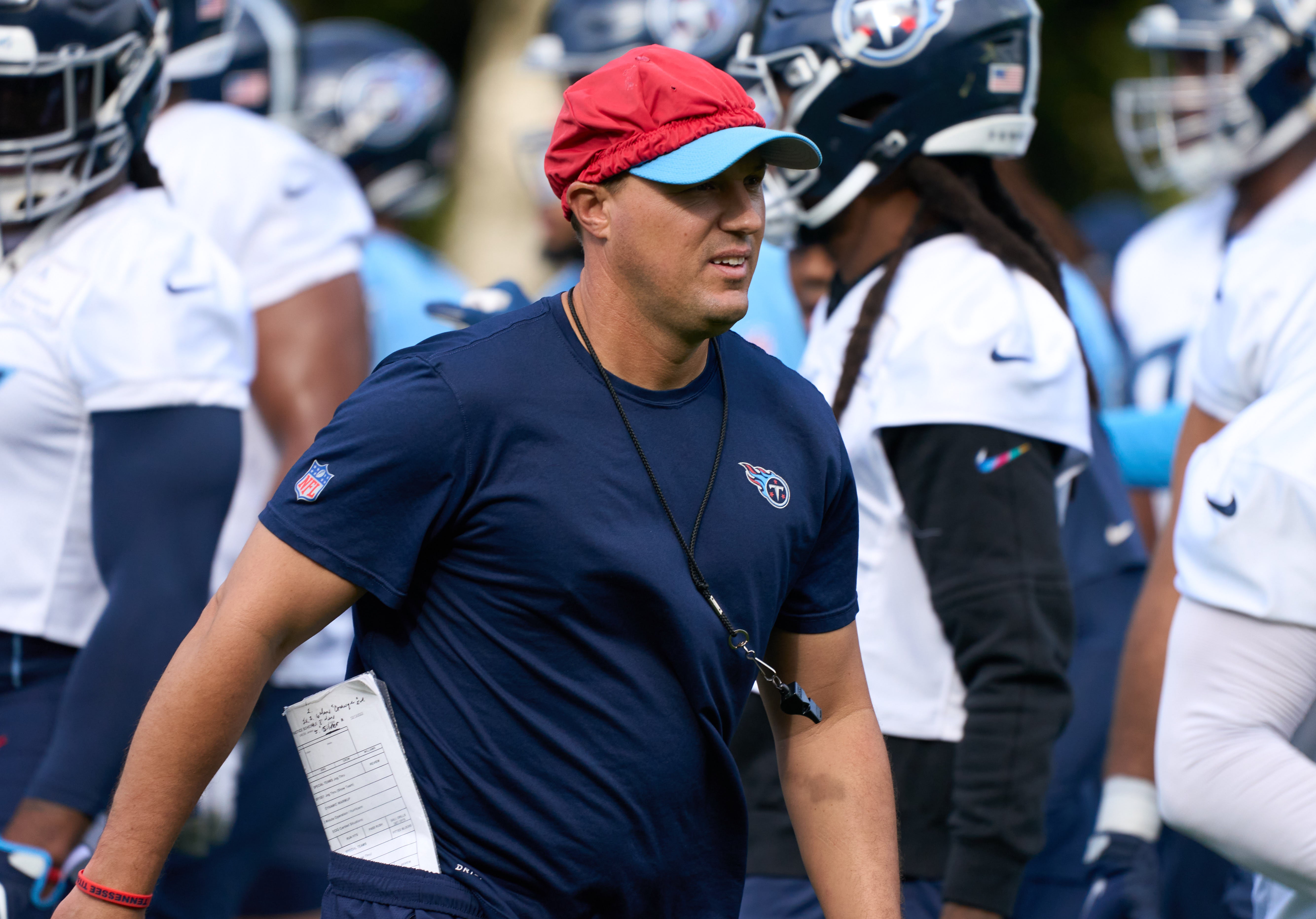Oct 13, 2023; London, United Kingdom; Craig Aukerman special teams coach during Tennessee Titans practice session at The Grove, Watford for their upcoming NFL London game.