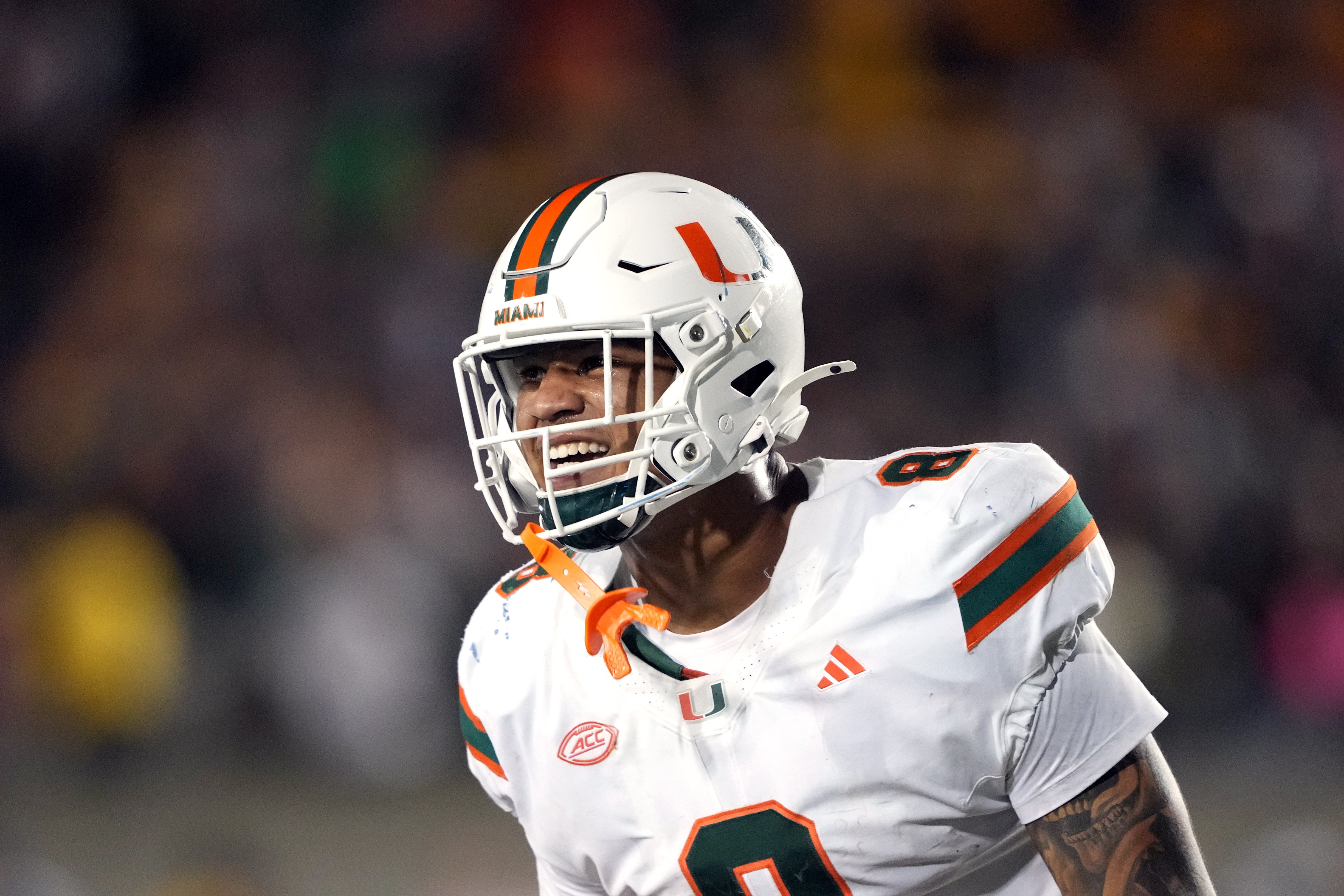 Oct 5, 2024; Berkeley, California, USA; Miami Hurricanes tight end Elijah Arroyo (8) celebrates after scoring a touchdown against the California Golden Bears during the fourth quarter at California Memorial Stadium.