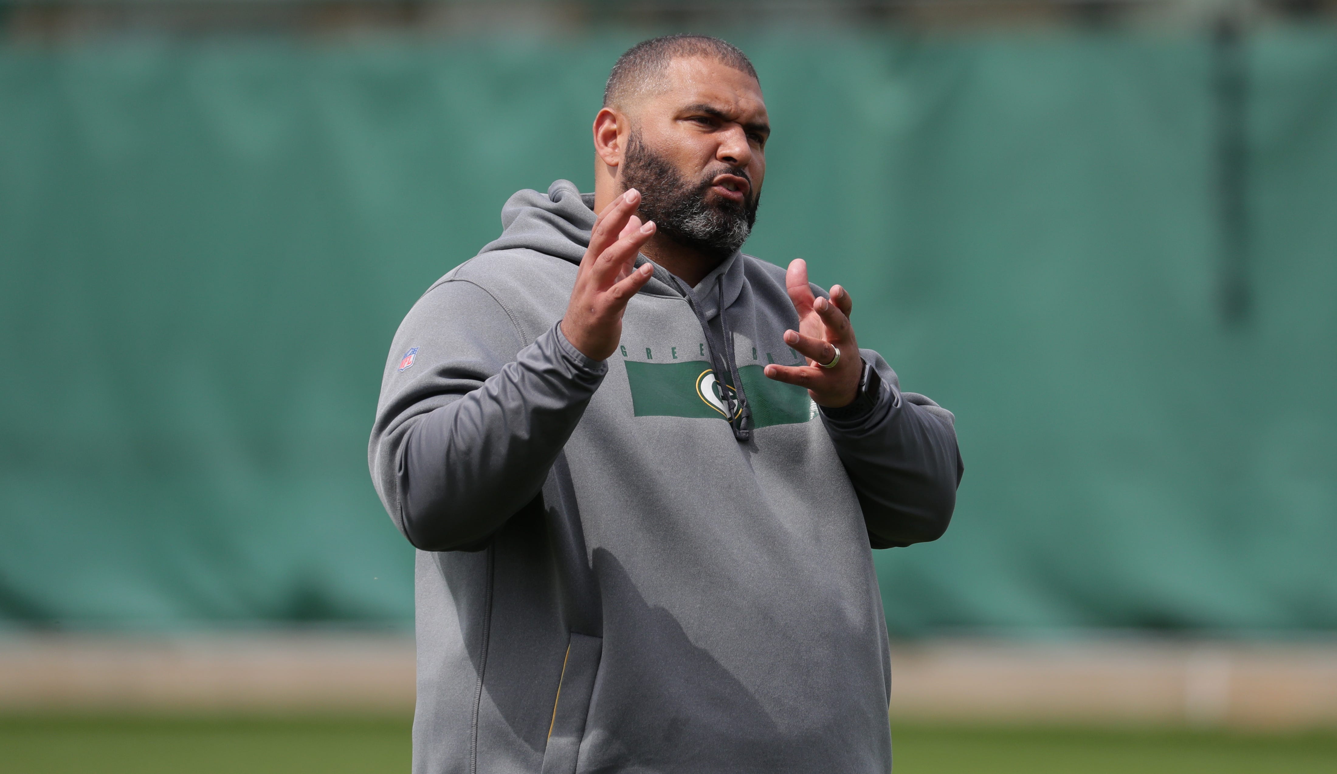 Defensive line coach Jerry Montgomery is shown during the second day of Green Bay Packers rookie minicamp Saturday, May 15, 2021 in Green Bay, Wis.