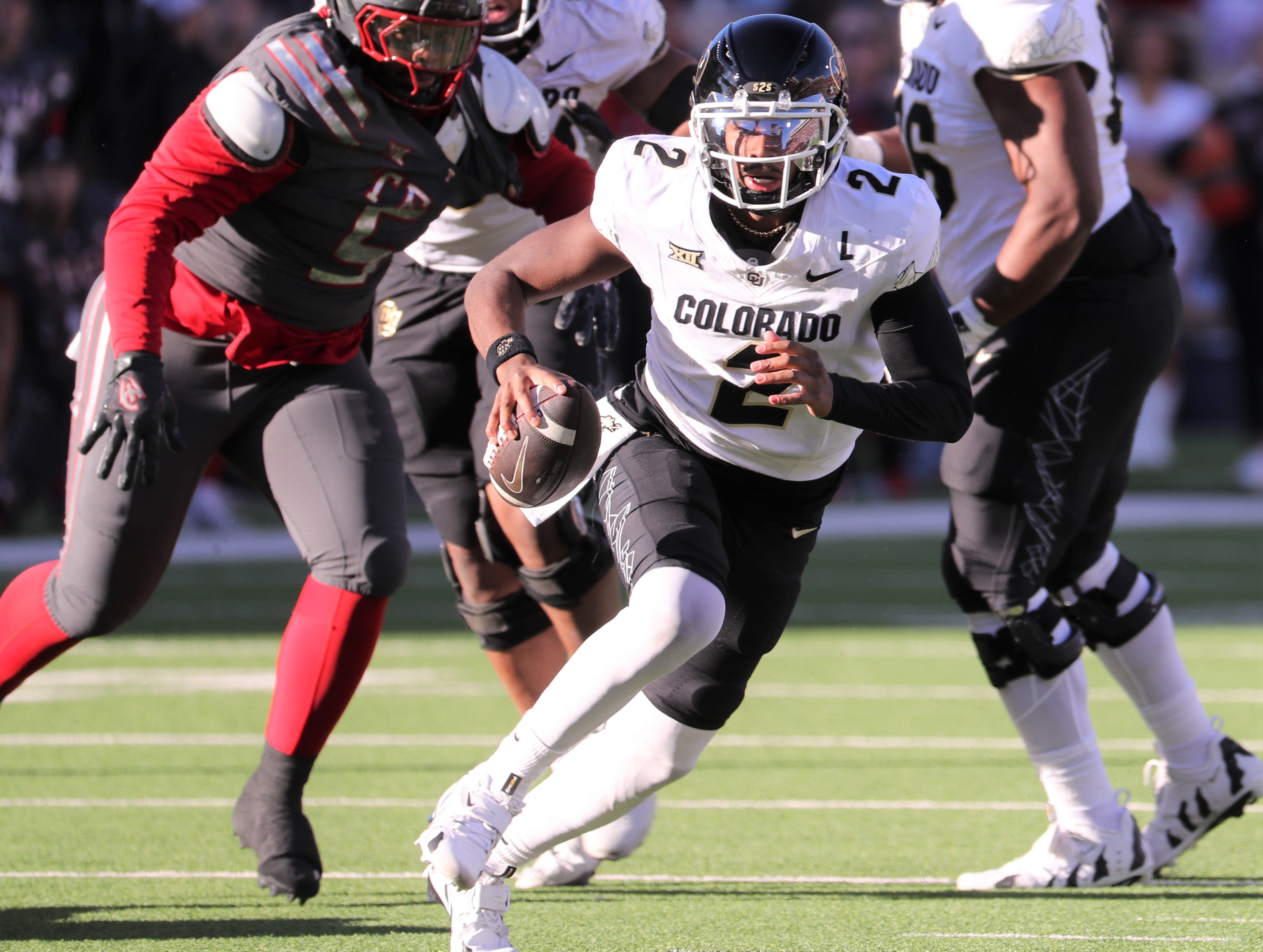 Colorado's Shedeur Sanders scrambles against Texas Tech in a Big 12 football game Saturday, Nov. 9, 2024, at Jones AT&T Stadium.
