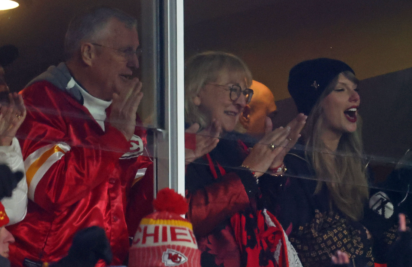 Jan 26, 2025; Kansas City, MO, USA; Recording artist Taylor Swift reacts from the suites in the AFC Championship game at GEHA Field at Arrowhead Stadium